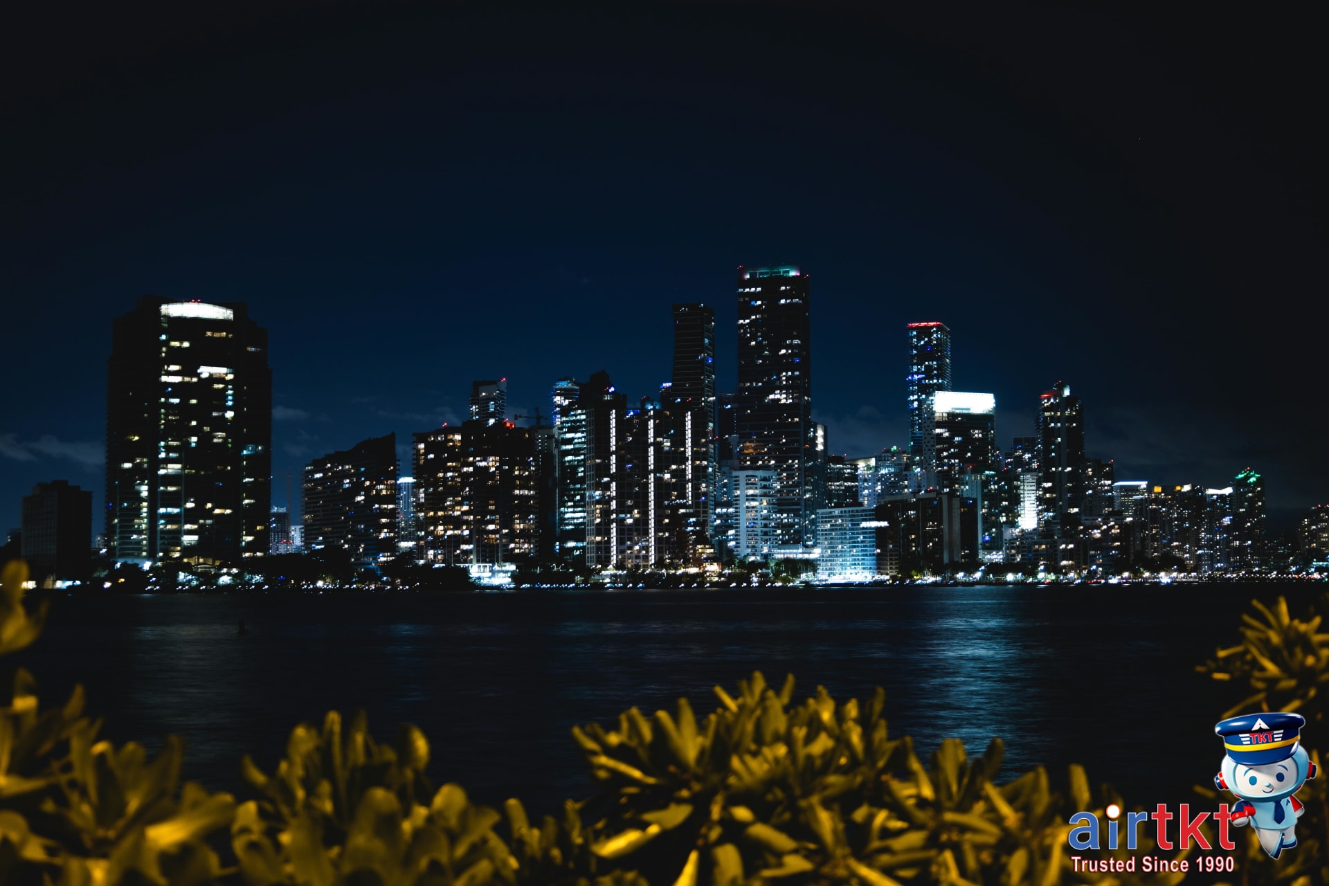 Miami skyline at night from Metrorail station platform vantage point