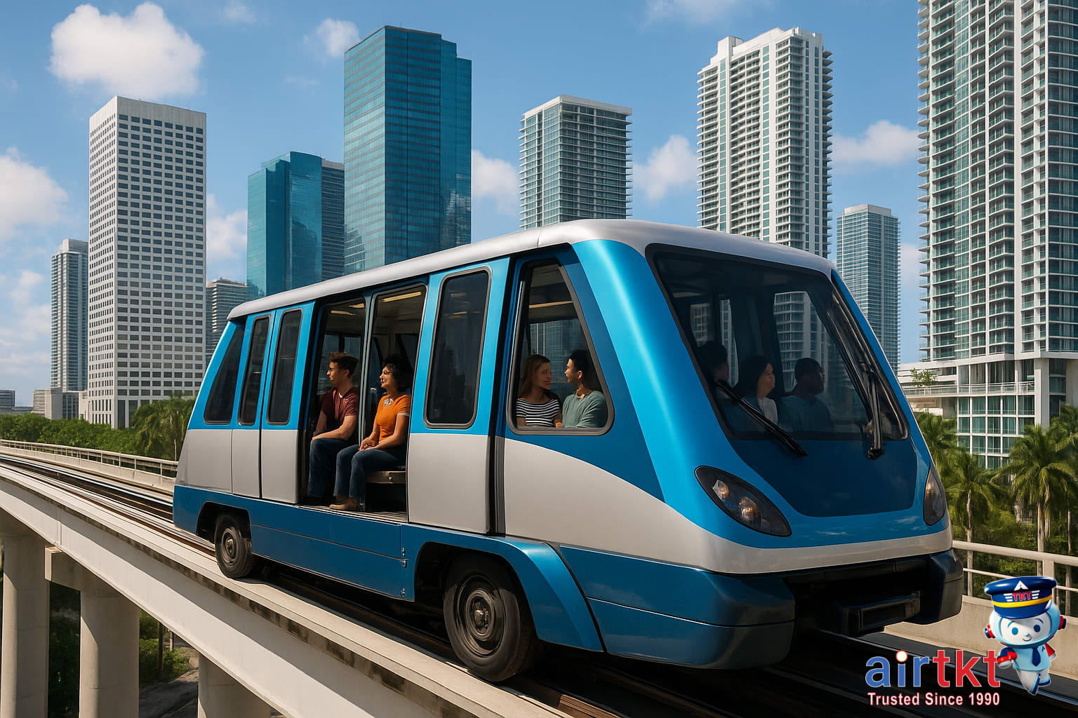 Miami Metromover transporting passengers downtown amid skyscrapers