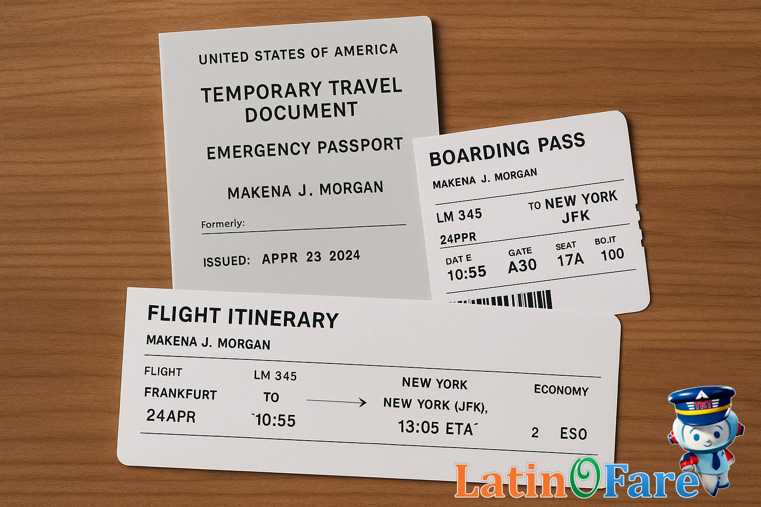 Emergency passport document with travel receipts representing costs after passport loss