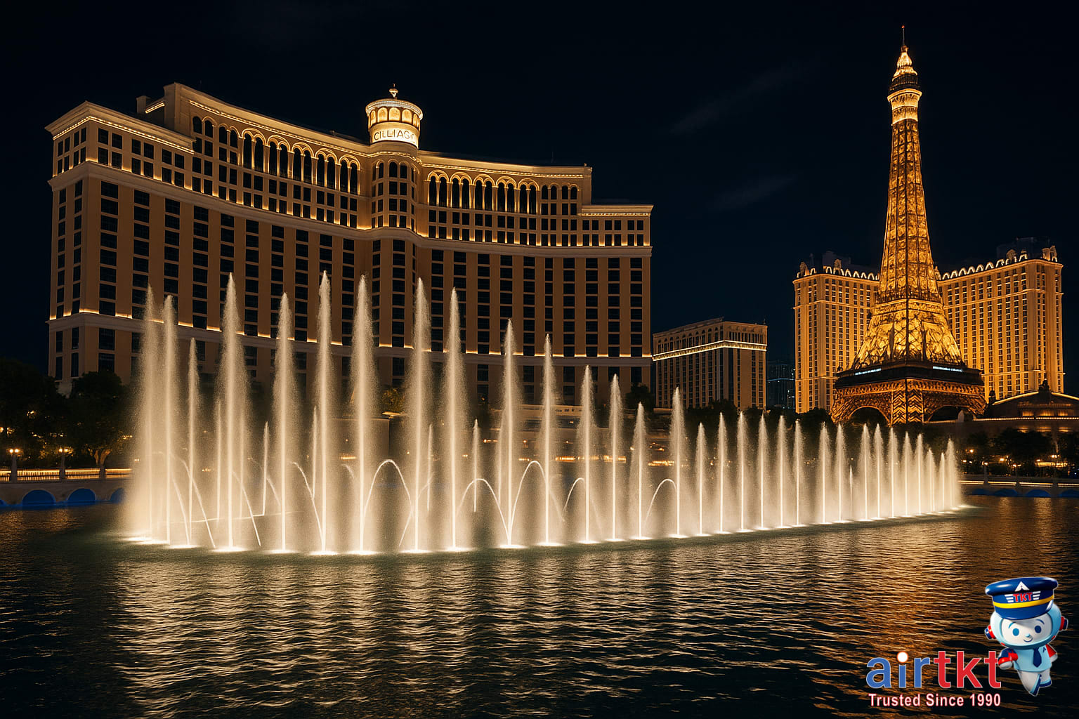 Bellagio Fountains show mid-performance iconic Las Vegas casino attraction
