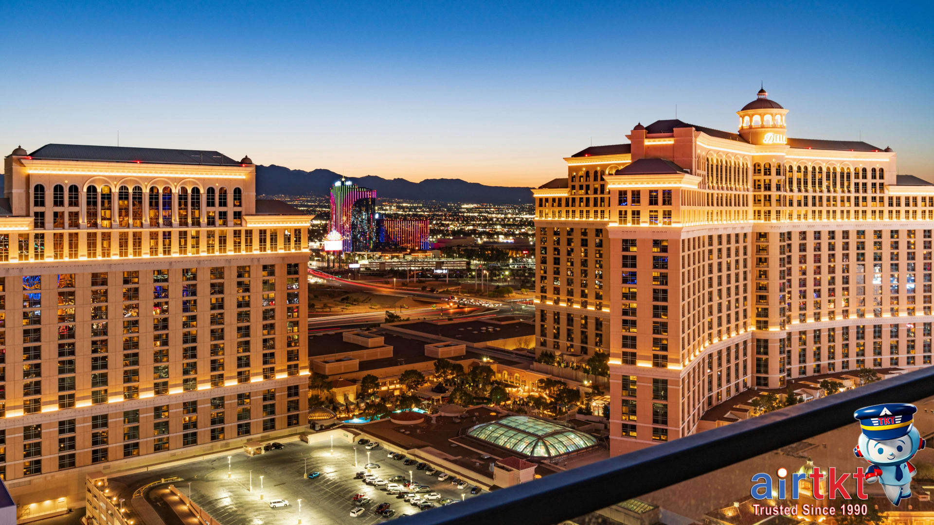 Stunning aerial view of the Bellagio Hotel and Las Vegas skyline at twilight