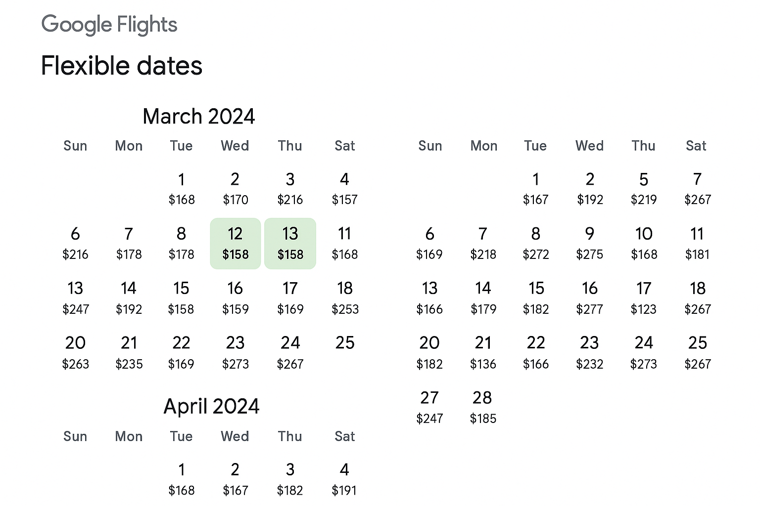 Flexible date calendar grid on Google Flights highlighting the lowest fares for travel
