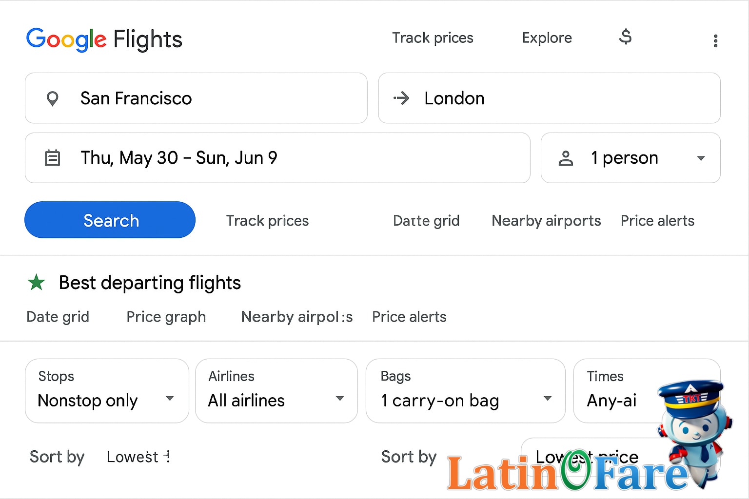 Google Flights search with advanced filters applied for lowest flight fares