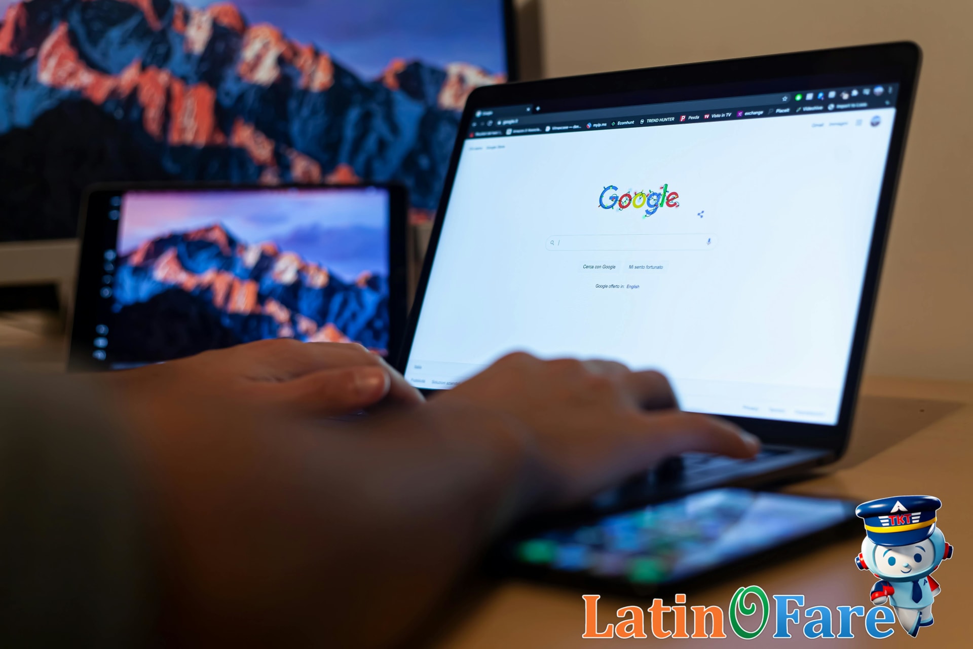 Traveler using Google Flights to search for the lowest flight fares on laptop