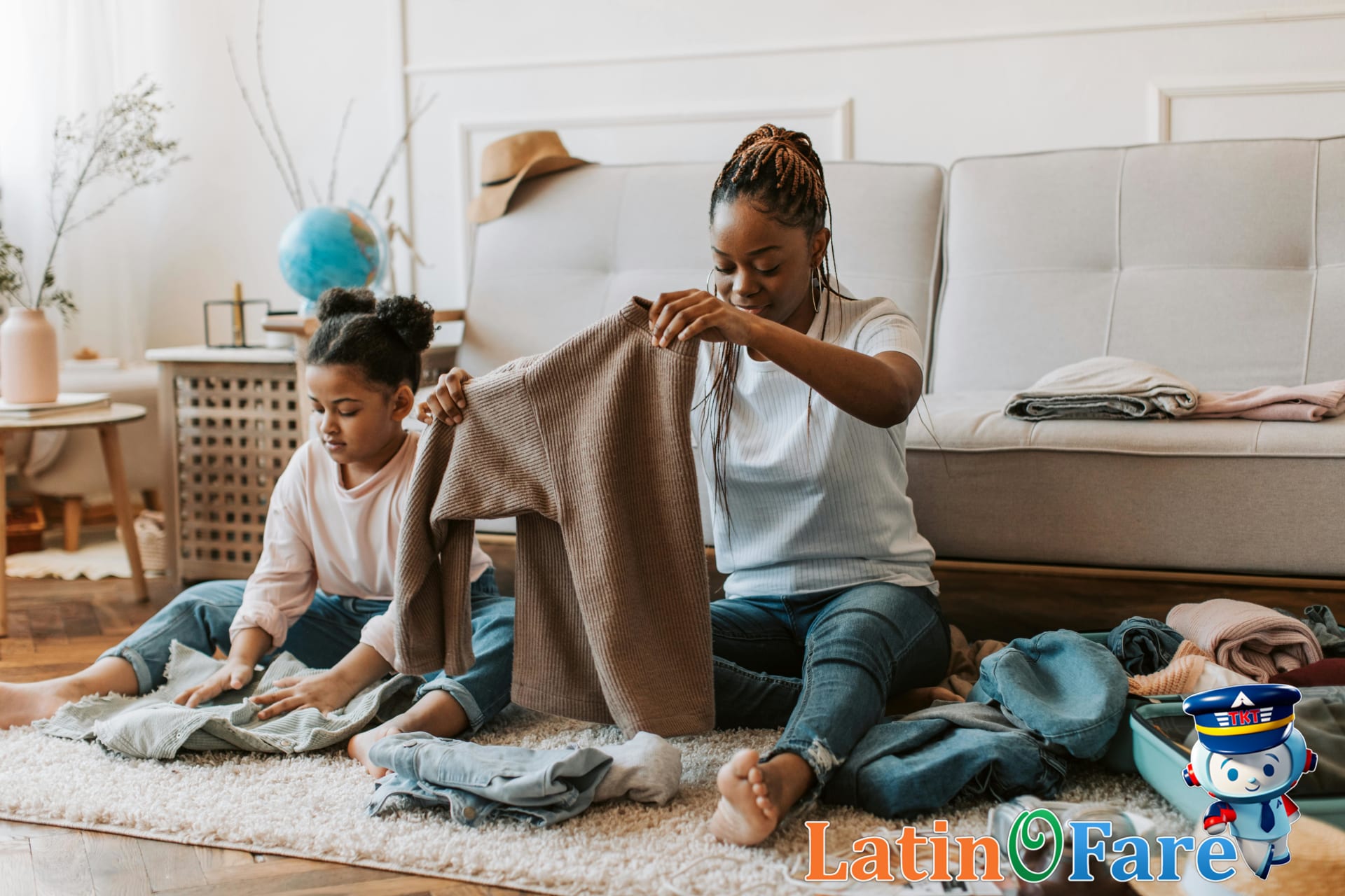 Parent helping child pack a suitcase for an organized and stress-free family vacation to Copenhagen.