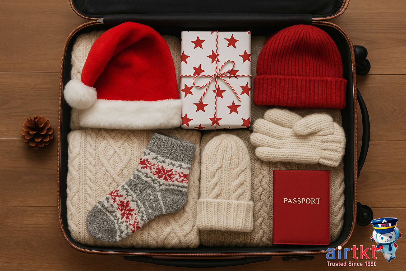 Packing tips for Christmas travel suitcase packed with warm clothing and accessories