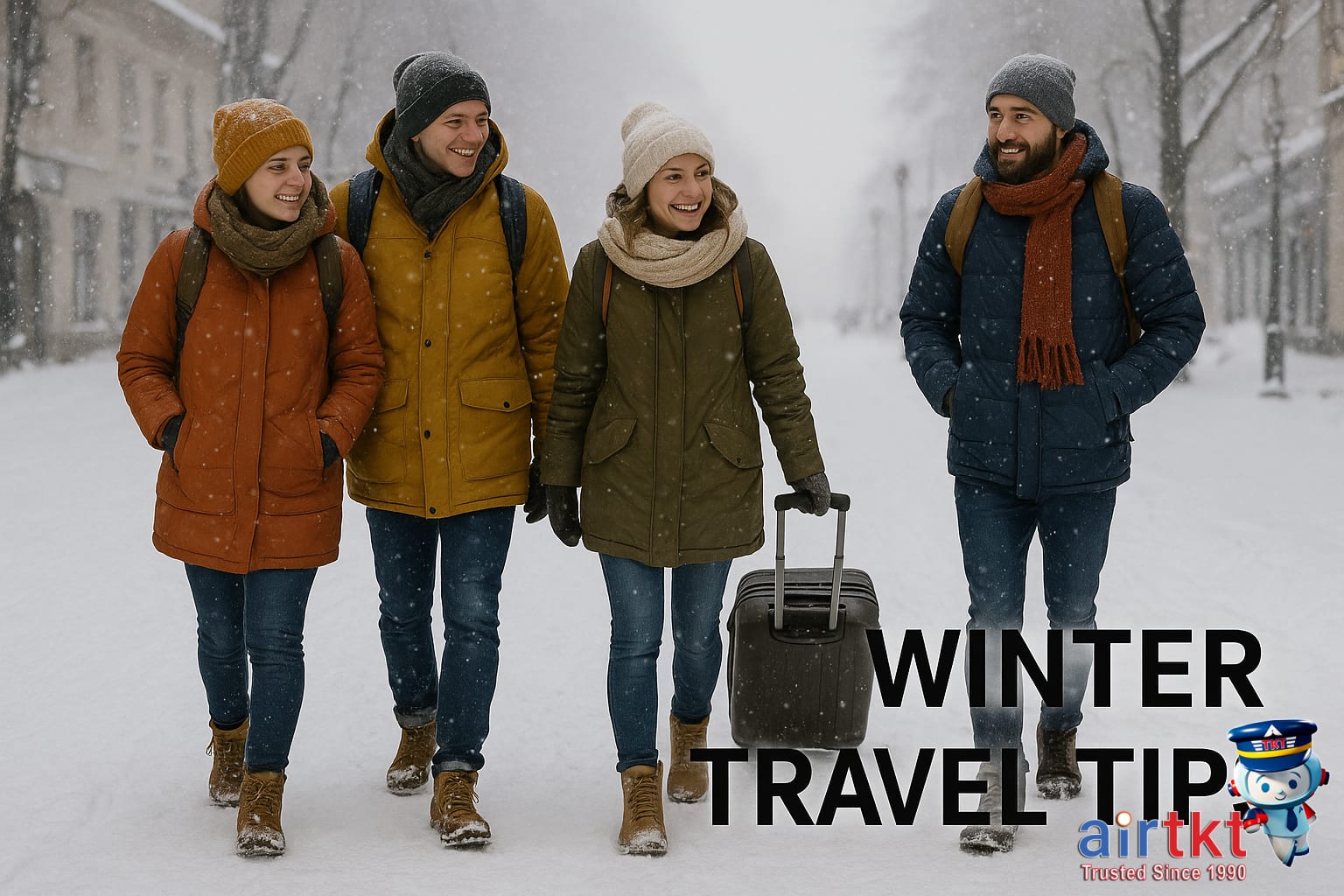 Winter travel tips travelers in warm coats walking on snowy street