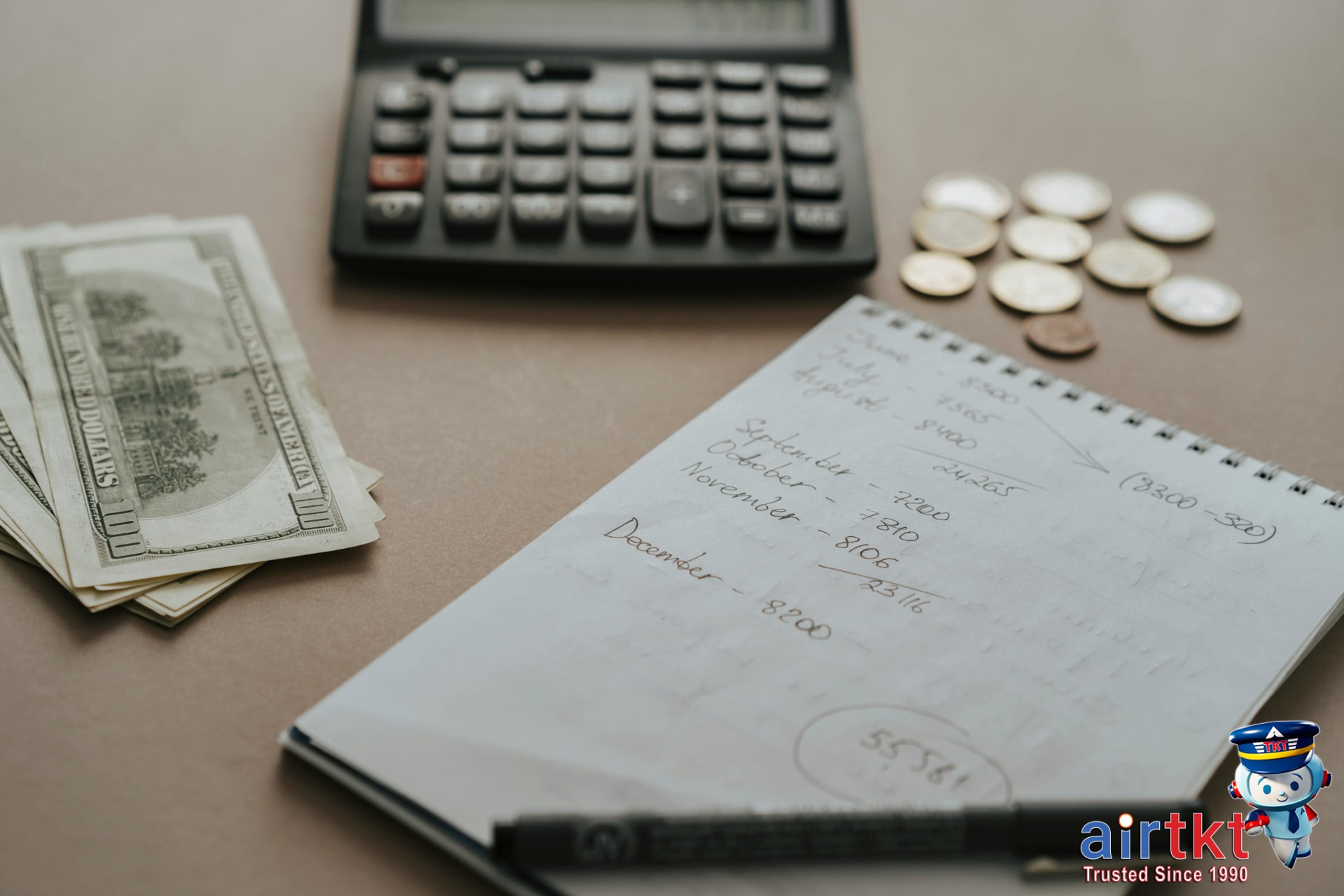 Christmas travel budget planning with finances calculator and notes