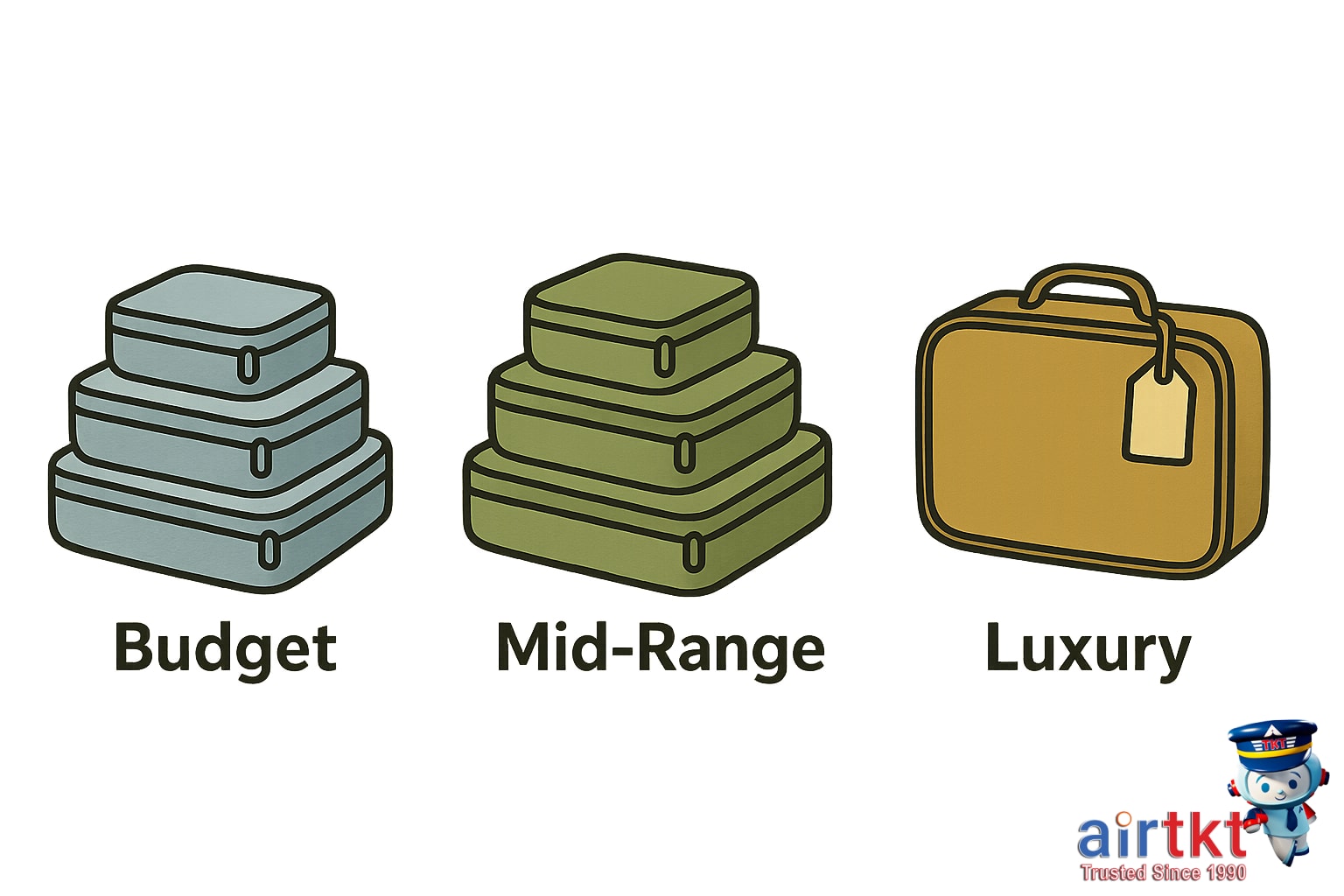 Budget tiers for packing cubes accommodation, food, transport, activities options arranged on white background