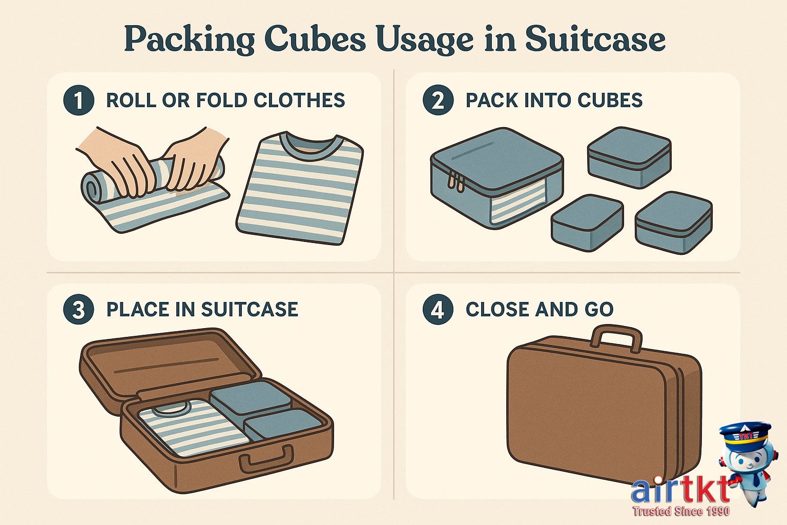 Step by step packing cubes usage guide for travel with mixed cube sizes and organized luggage