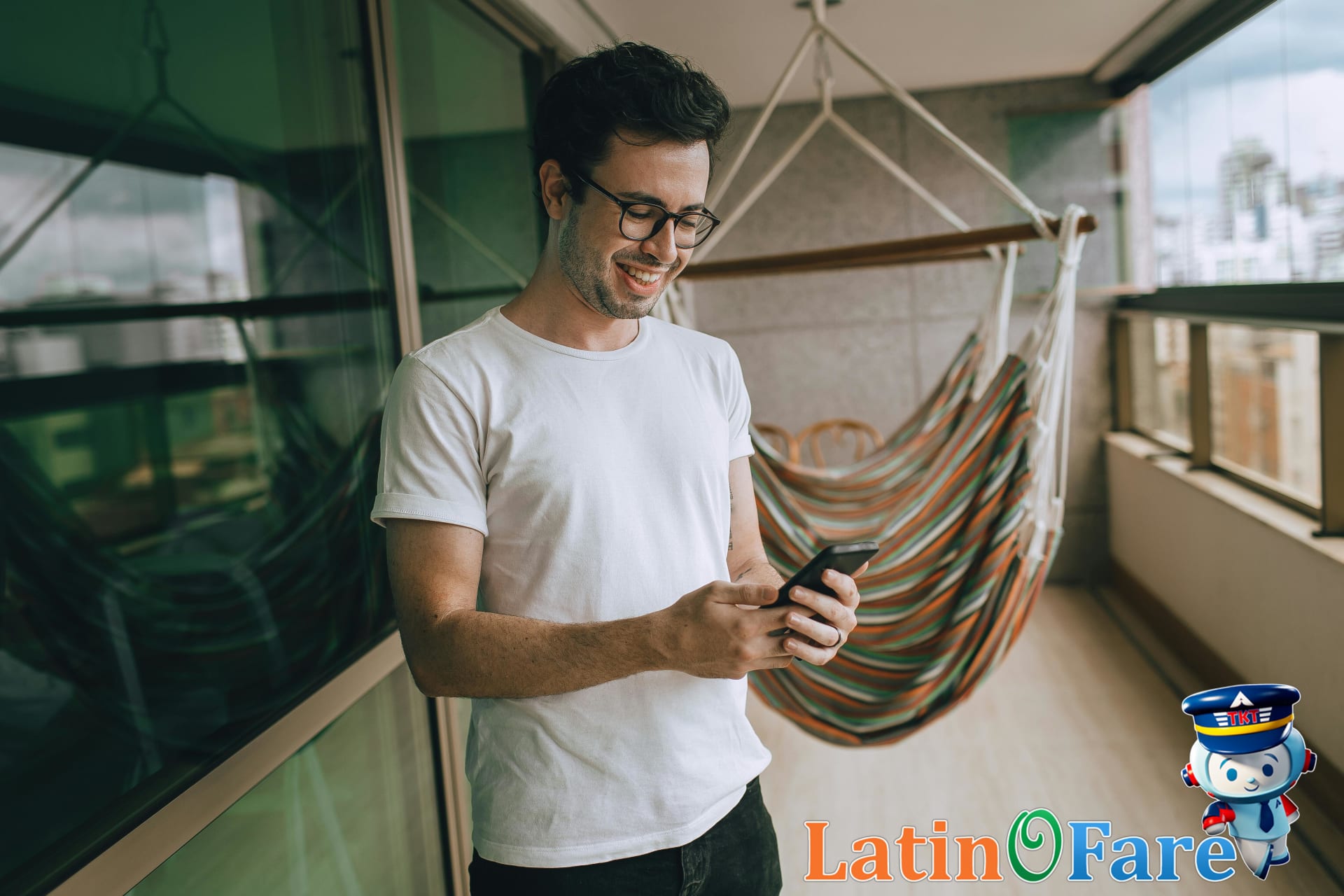Smiling traveler reading smartphone notification about resolved airline compensation claim filed after airline complaints process.