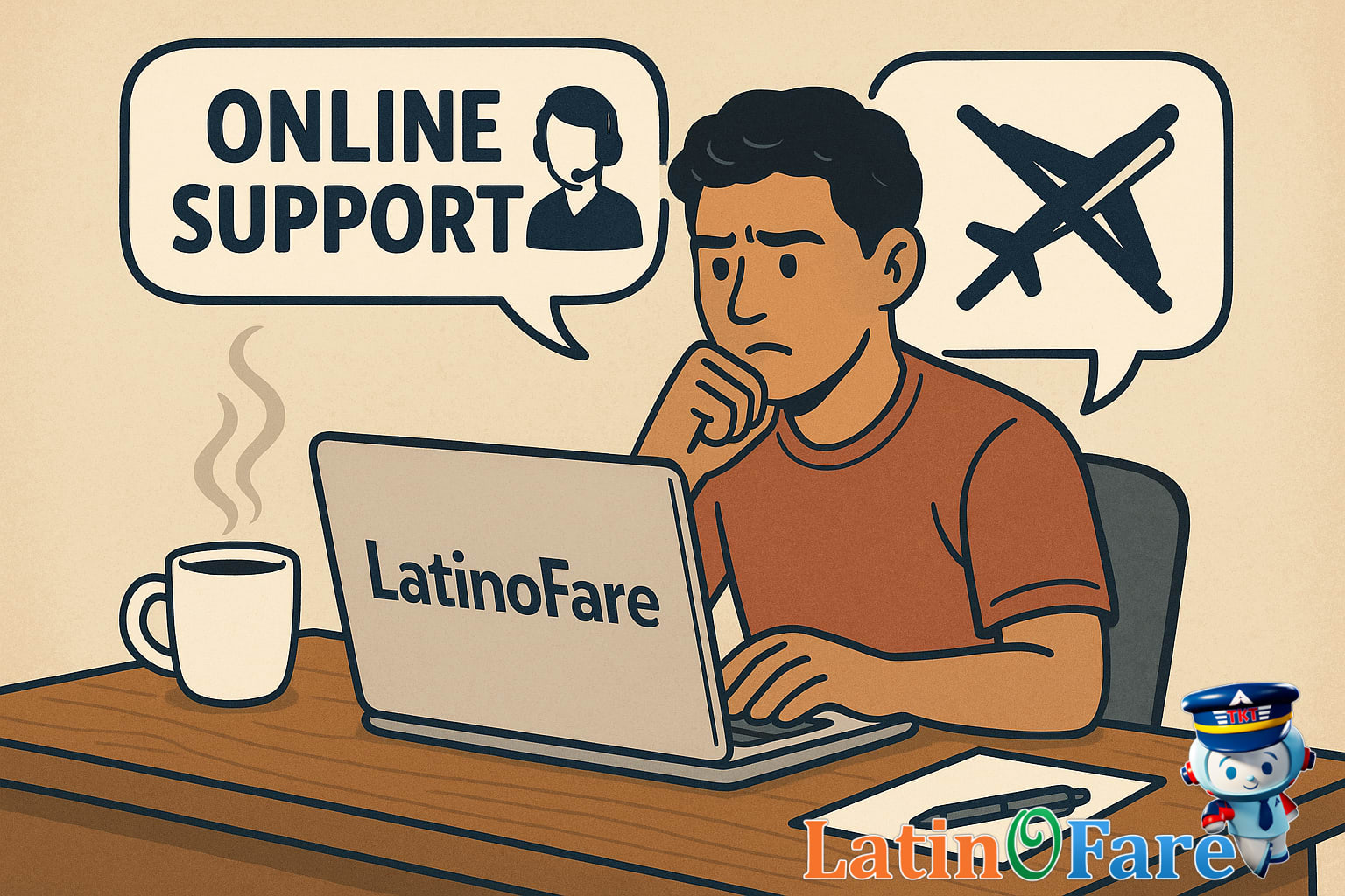 Customer using LatinoFare's online support for disrupted travel plans and passenger rights resolution at home.