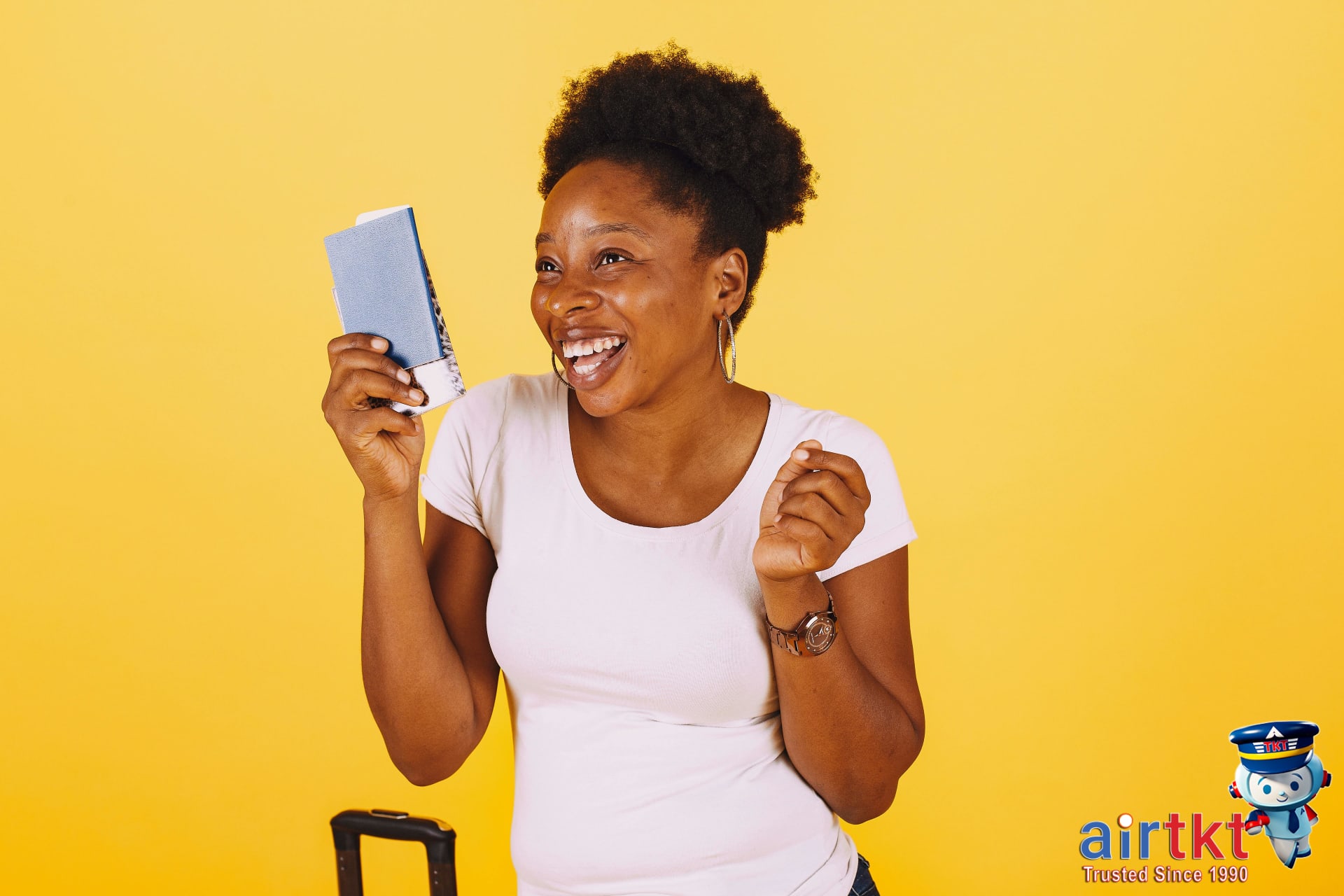 Happy traveler with affordable airfare and boarding pass ready for flight
