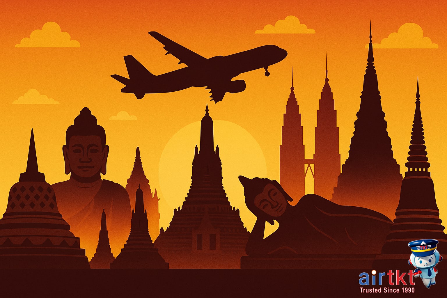 Southeast Asia travel destinations connected by budget airline flights and plane silhouette