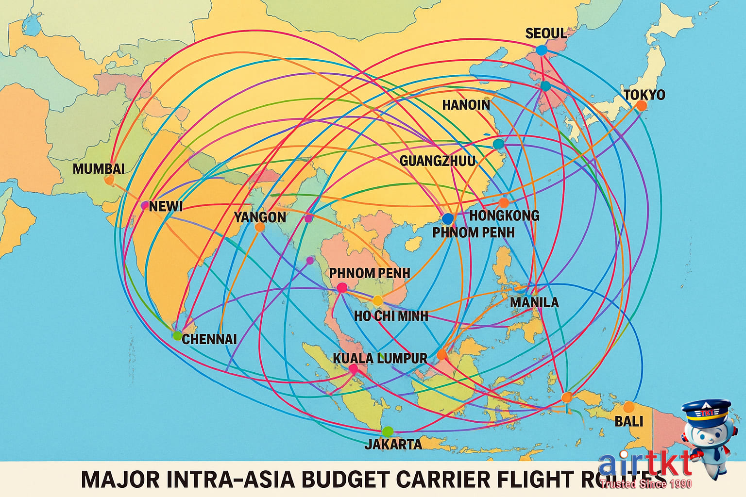 Colorful map showing major intra-Asia budget airline flight routes