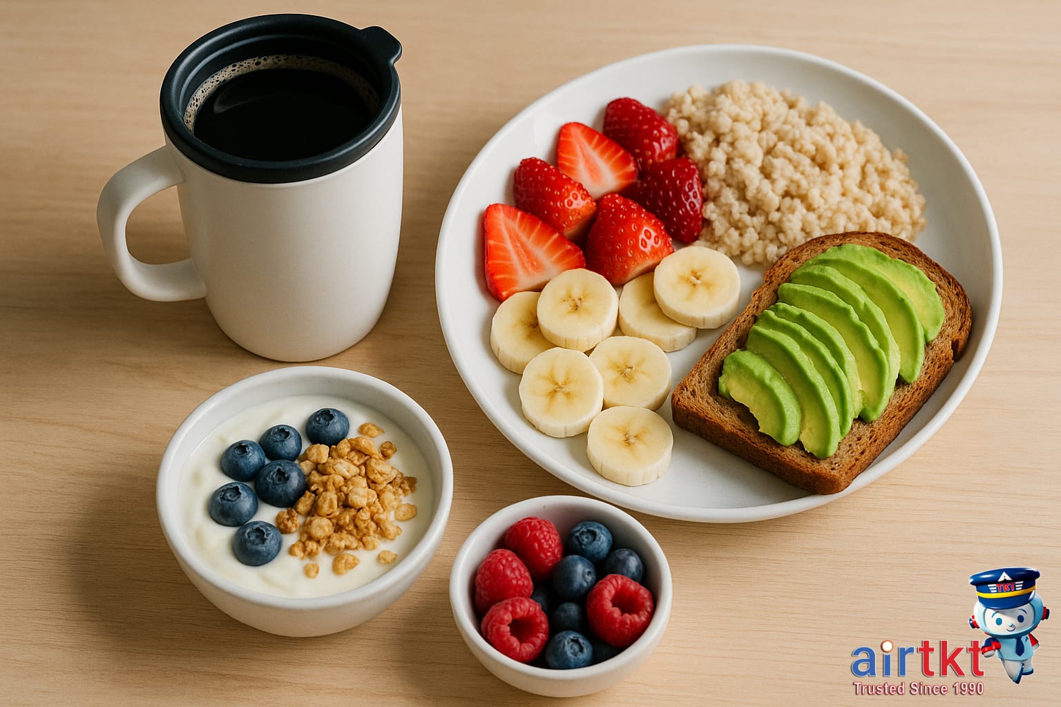 Healthy breakfast after long flight to aid jet lag recovery, showing eggs, toast, fruit and fresh juice