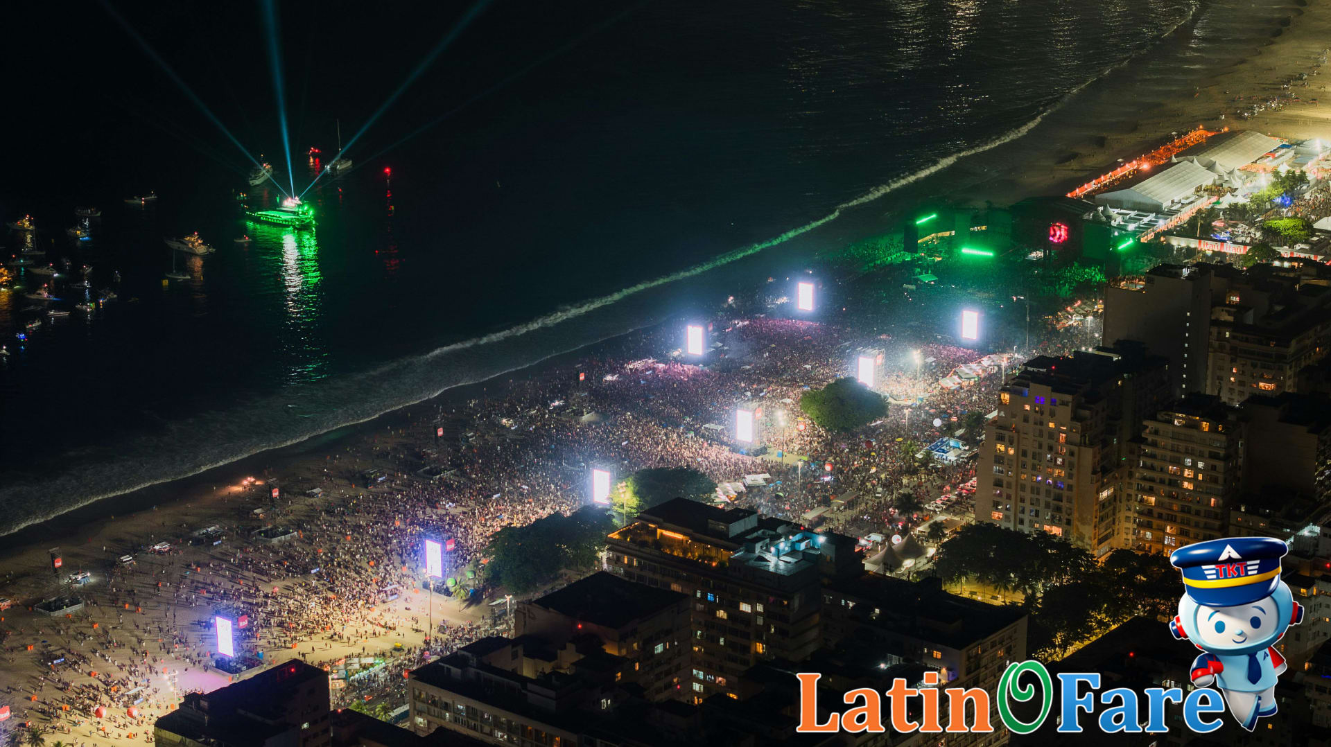 Copacabana Beach New Year’s Eve beach party in Rio de Janeiro with music, crowds, and fireworks