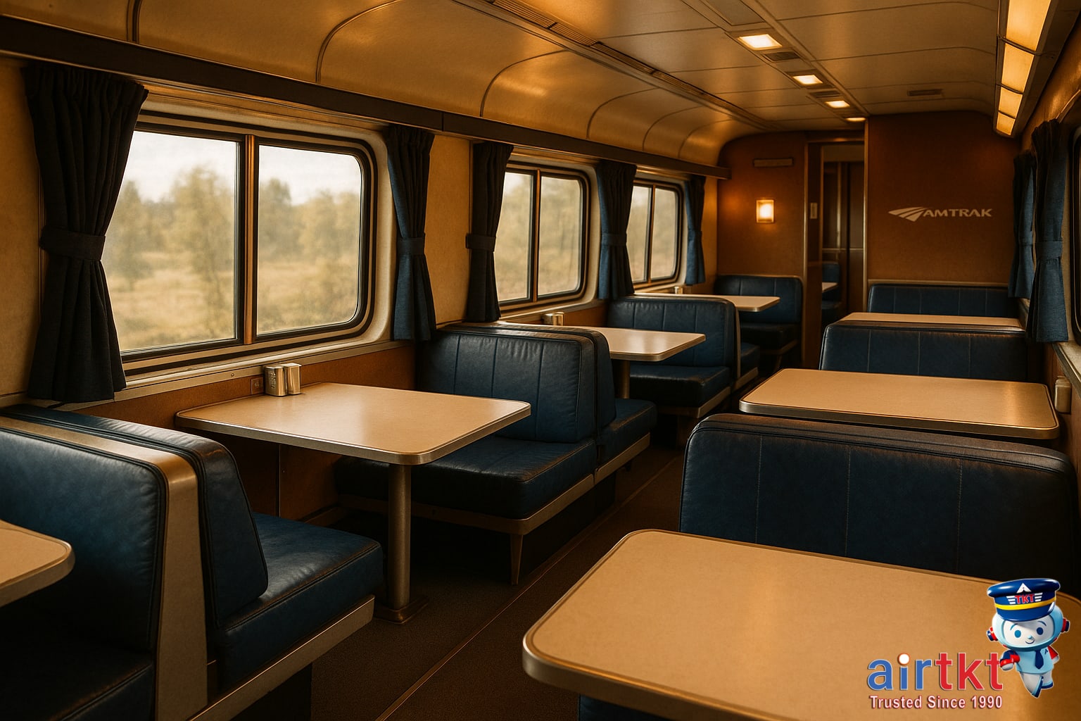 Interior view of comfortable onboard seating and dining on Amtrak train