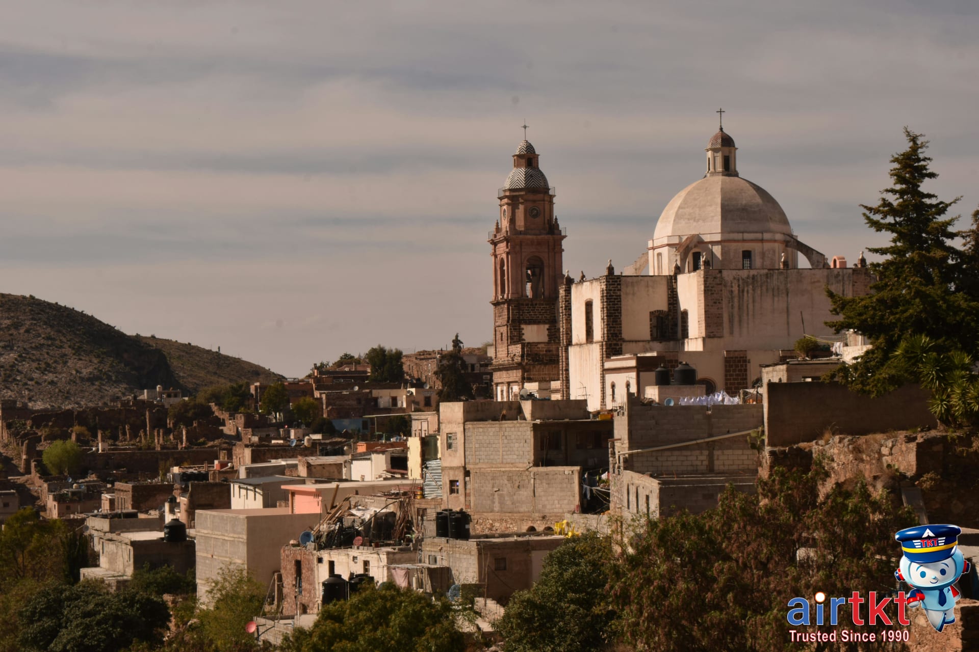 Panoramic view of Real de Catorce showing historic church and colonial buildings