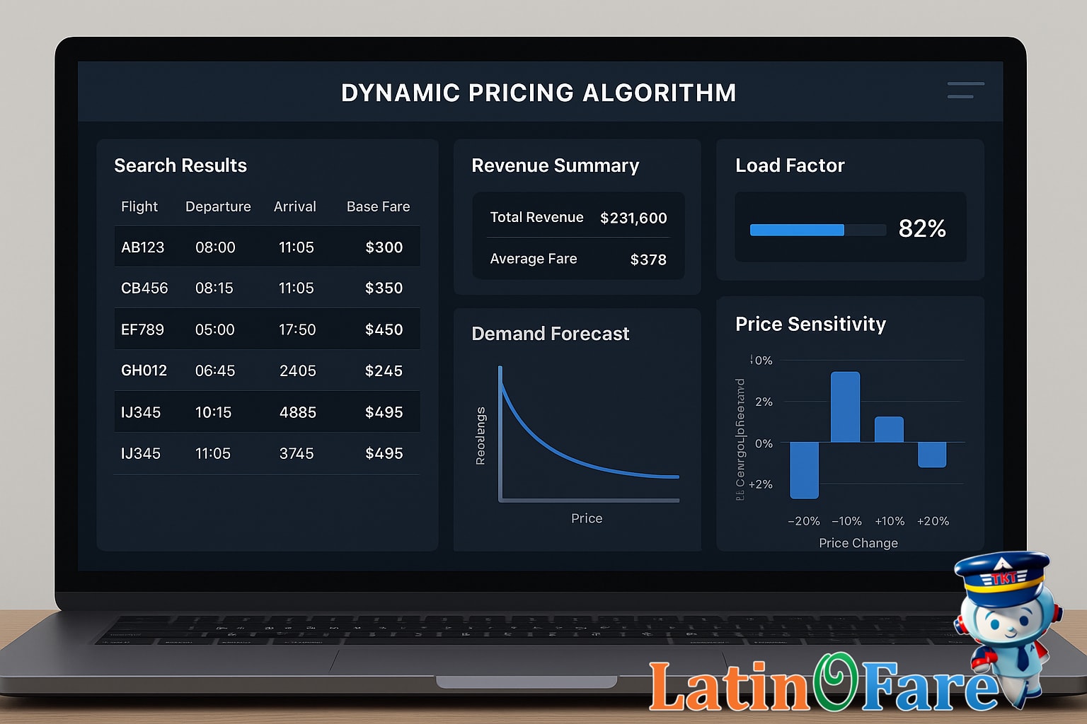 Dynamic airline pricing software and yield management technology on computer dashboard