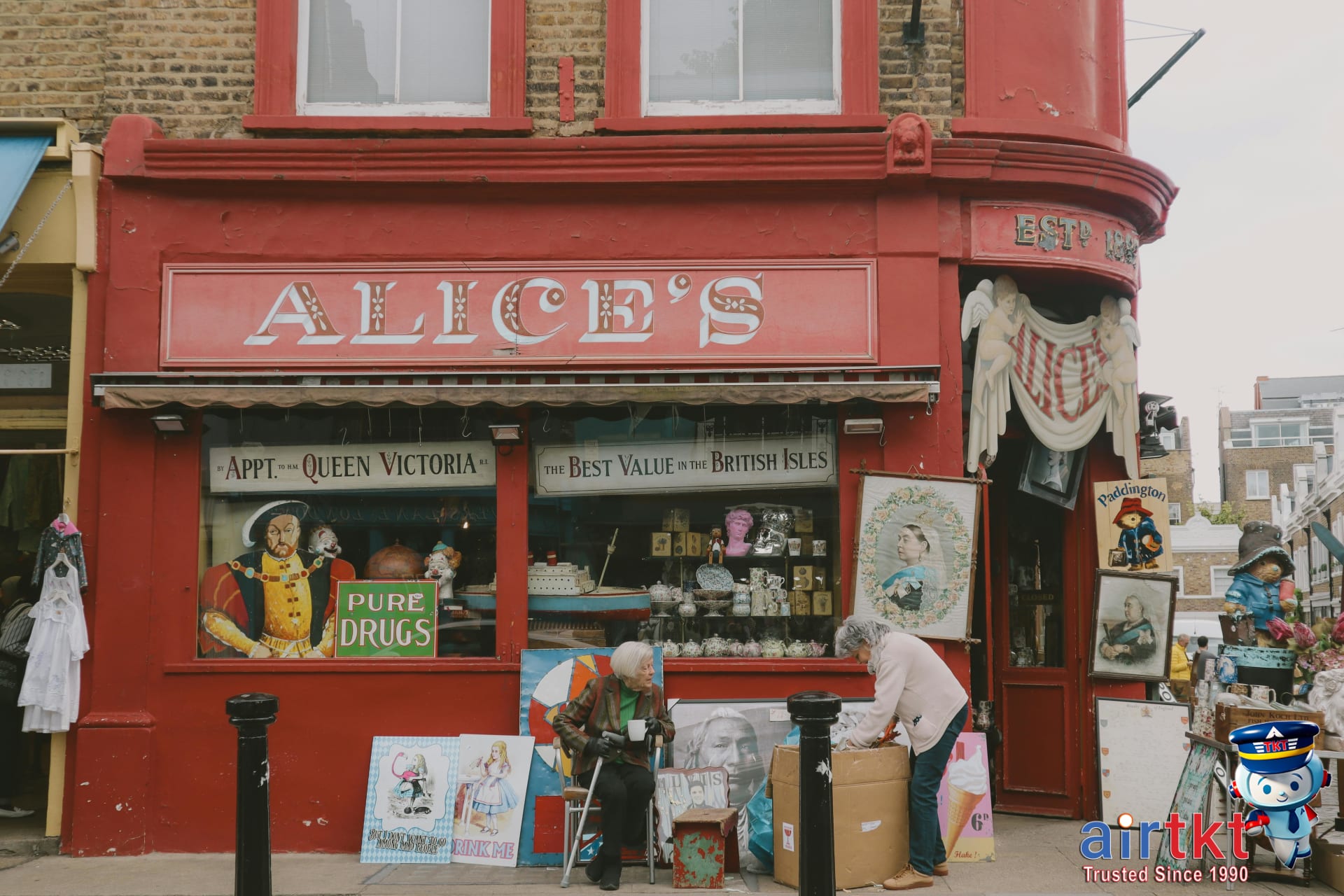 Historic vintage storefront in Notting Hill with antiques and classic local neighborhood London feel