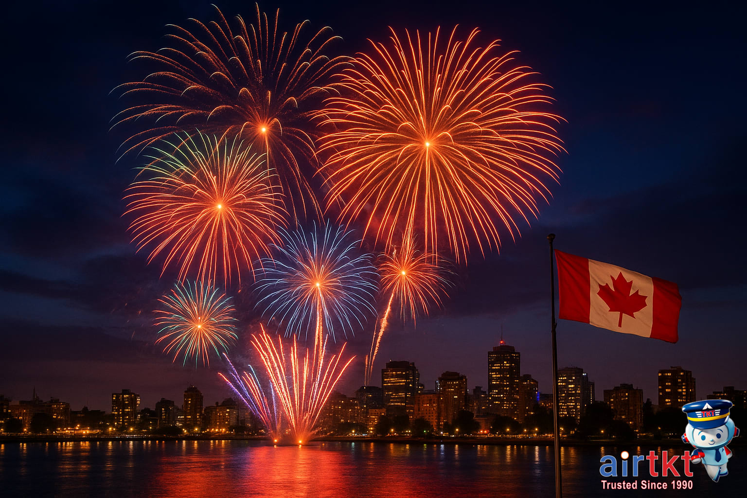 Victoria Day fireworks over Canadian city skyline illuminated in vibrant colors