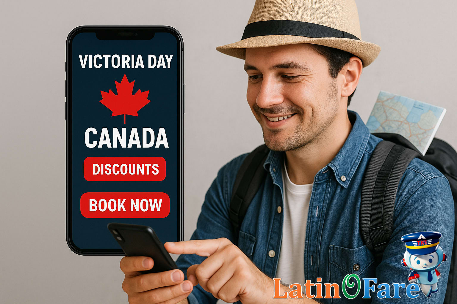 Traveler booking affordable Victoria Day getaway online with discounts and promo codes