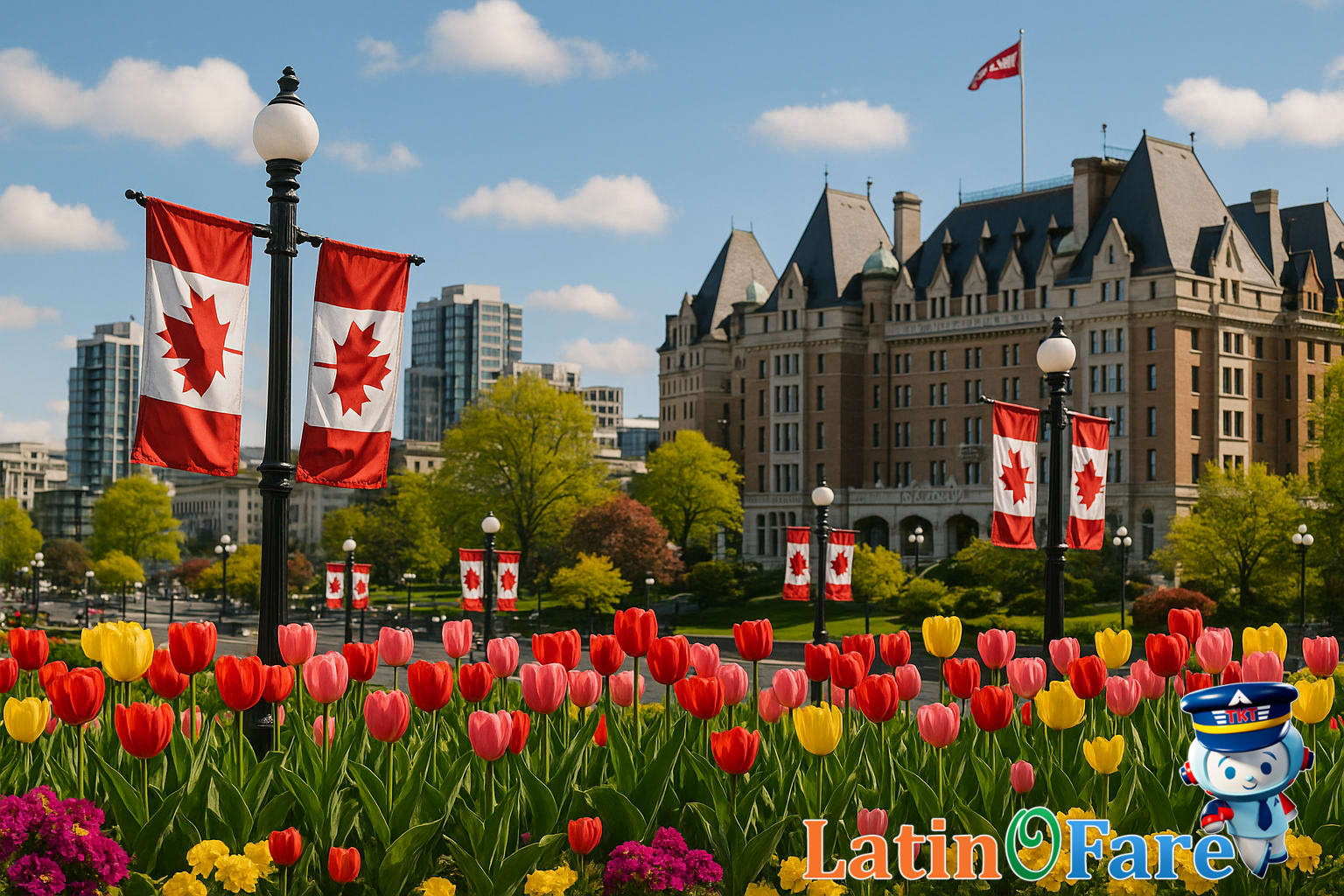 Canadian cityscape with spring flowers and flags for a vibrant Victoria Day getaway