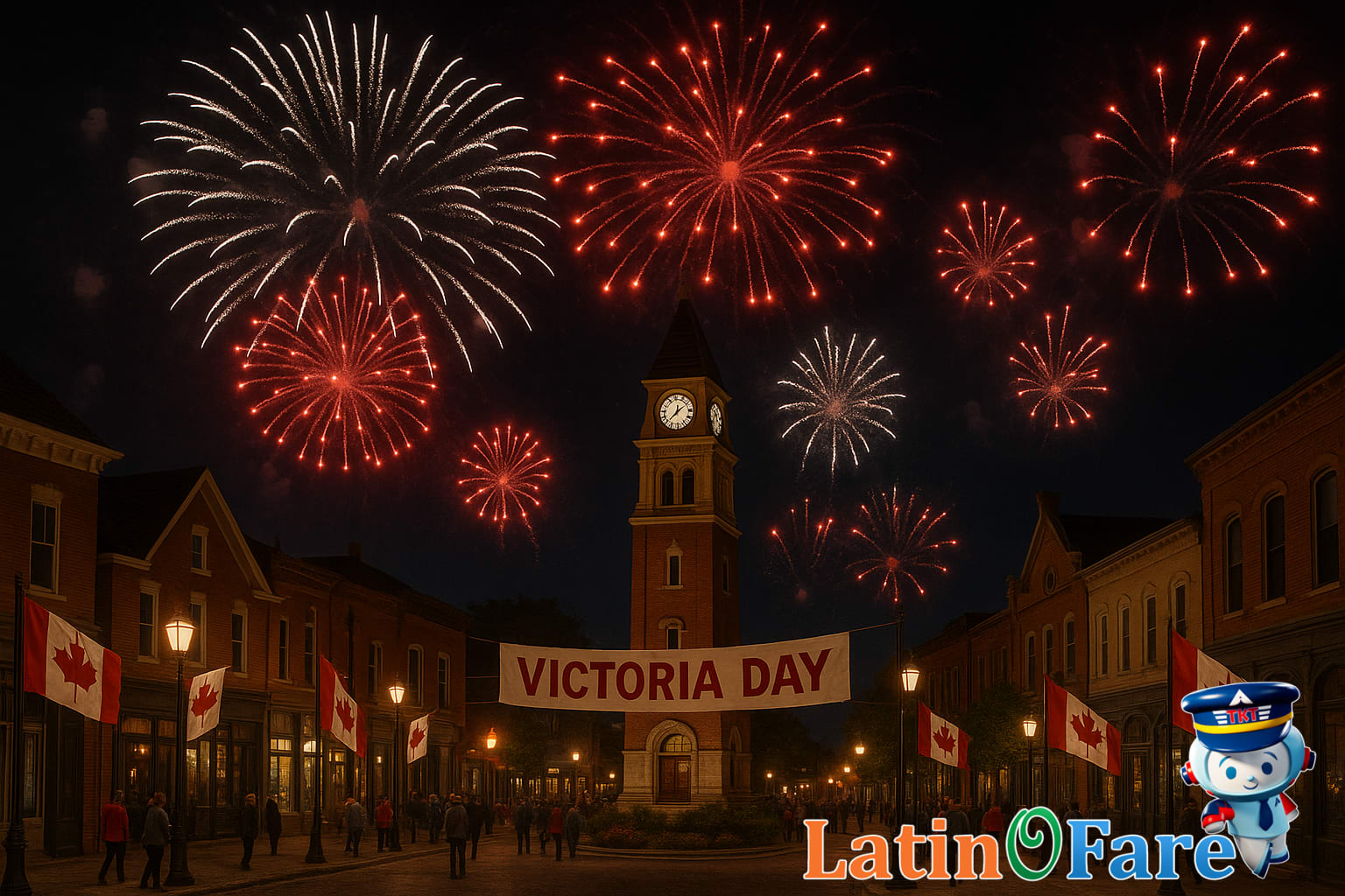 Victoria Day fireworks lighting up Canadian night sky with red and white sparkles
