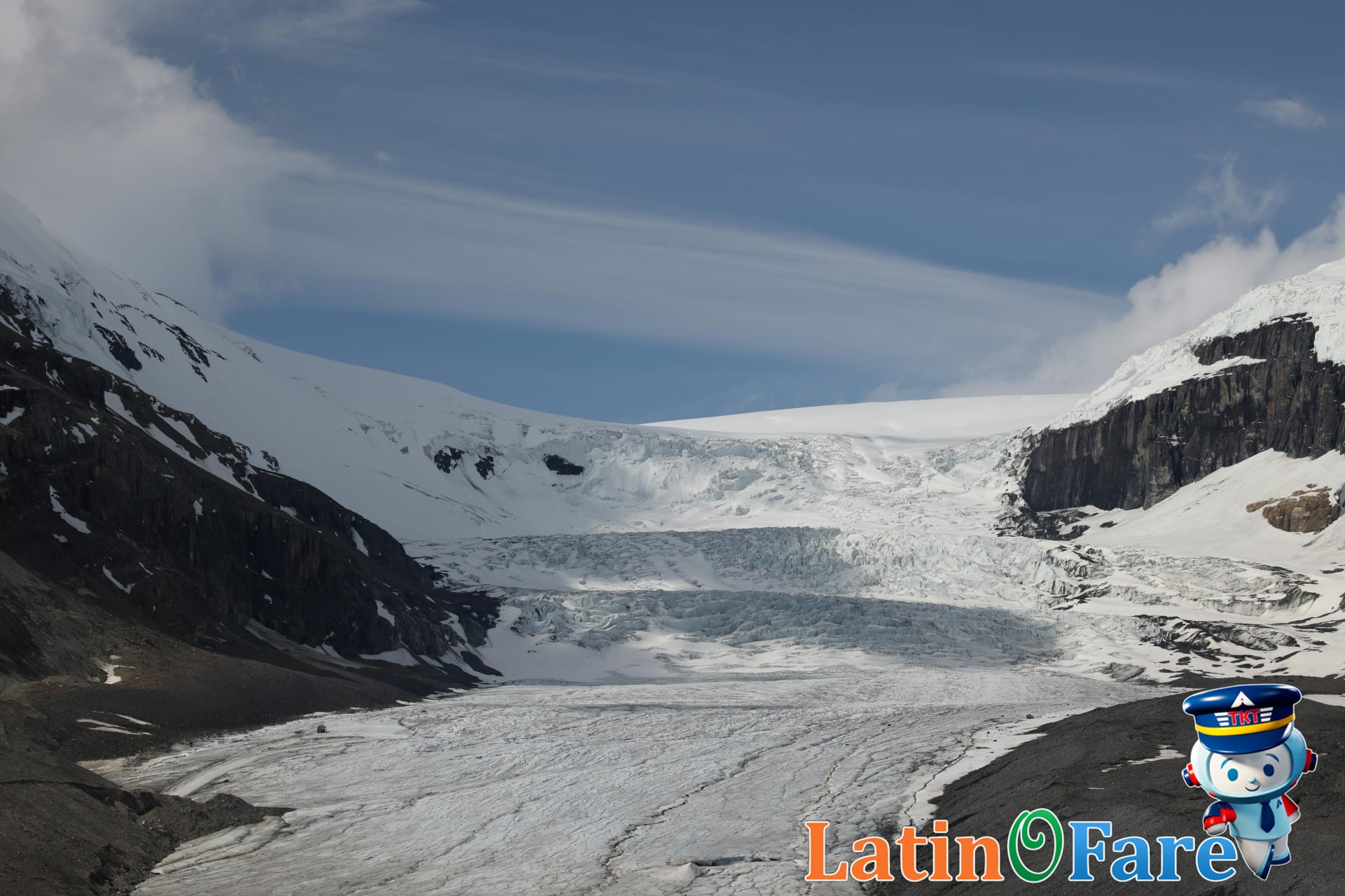 Athabasca Glacier on the Icefields Parkway with rugged Canadian Rockies scenery in spring.