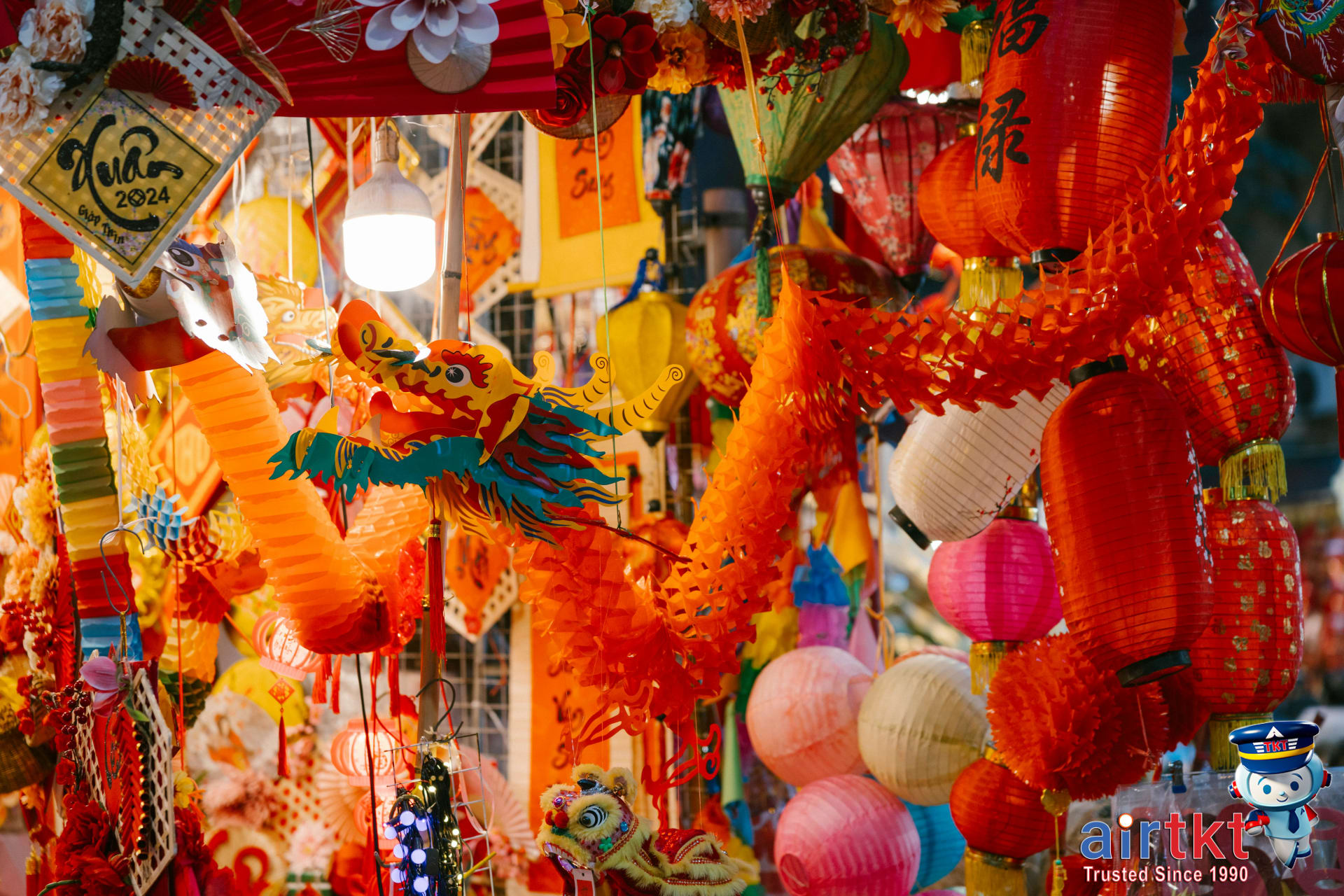 Vibrant Southeast Asia Lunar New Year night market with decorations and food stalls