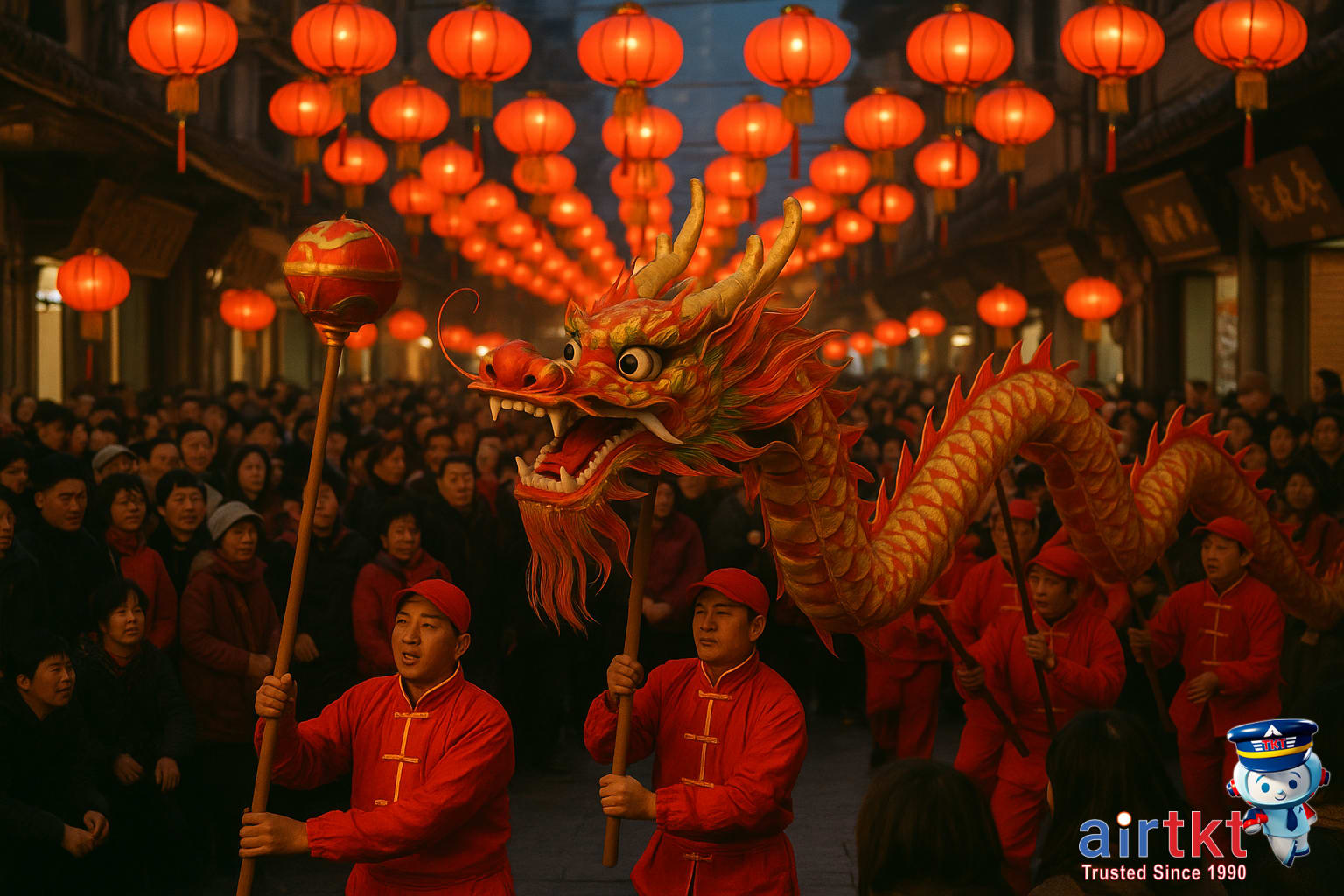 Traditional dragon dance during Lunar New Year celebrations in Asia