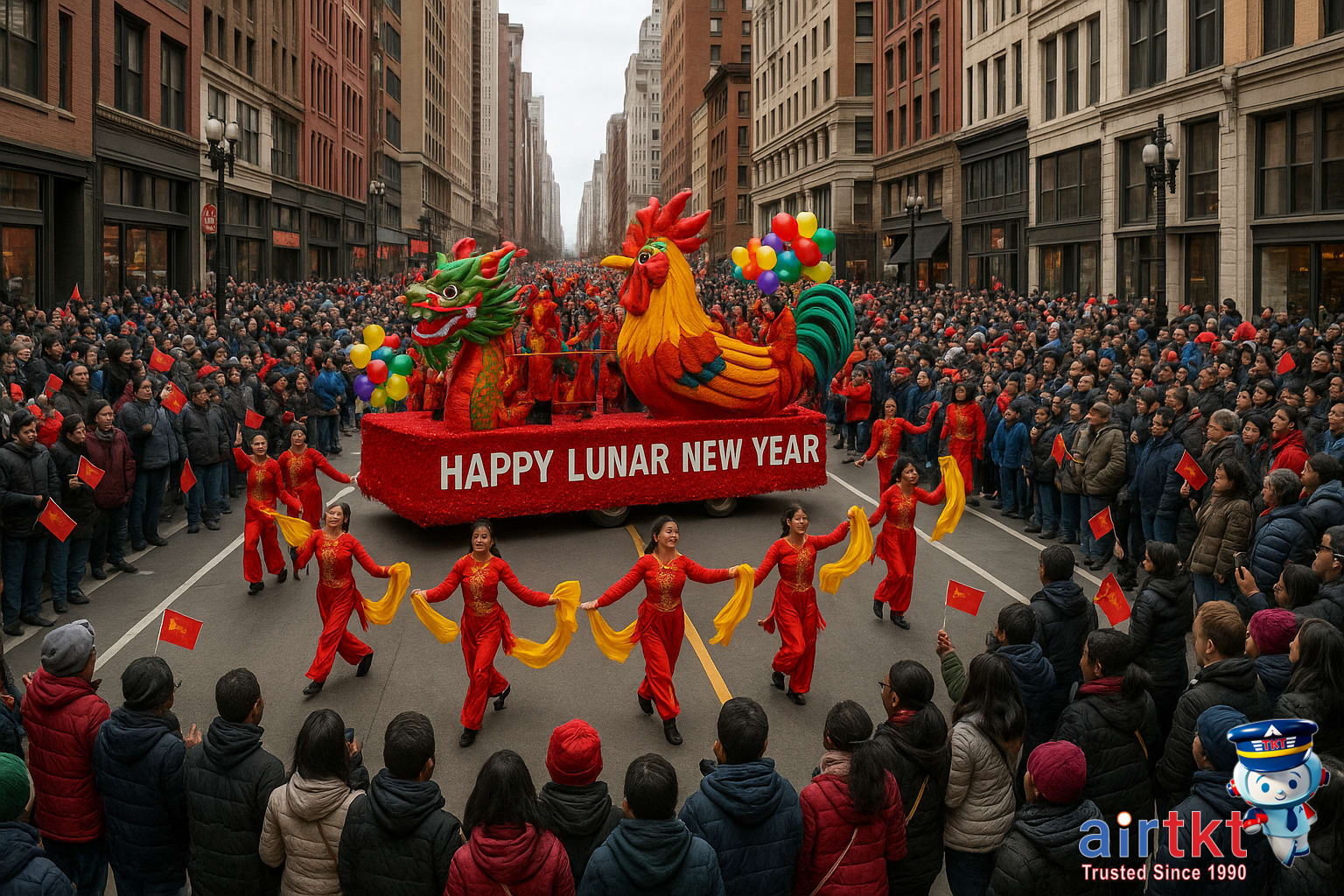 Diverse crowd enjoys Lunar New Year parade in an American city, with colorful costumes and lion dancers