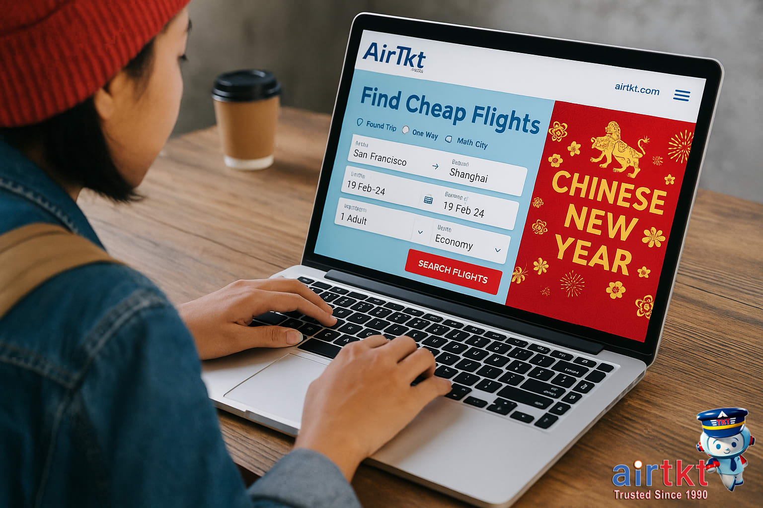 Booking affordable Lunar New Year travel on AirTkt platform, with search results for flights and hotels displayed