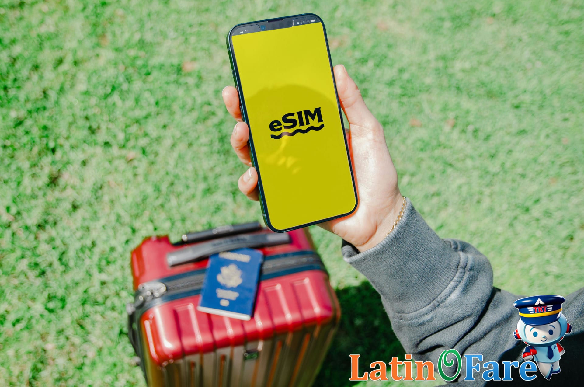 Traveler comparing eSIM vs local SIM card usage abroad at airport
