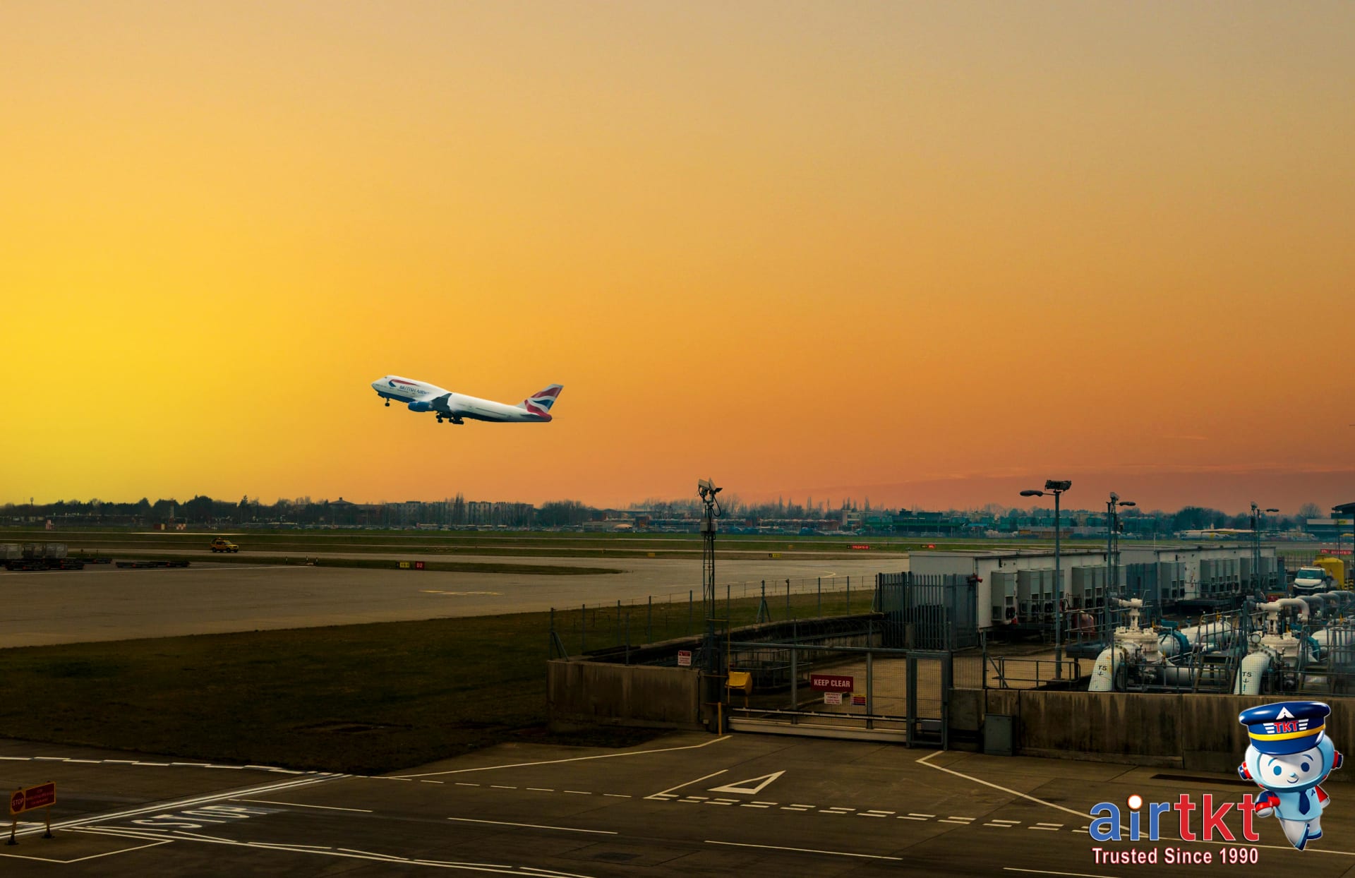 Airplane taking off at sunset with stopover travel savings in mind