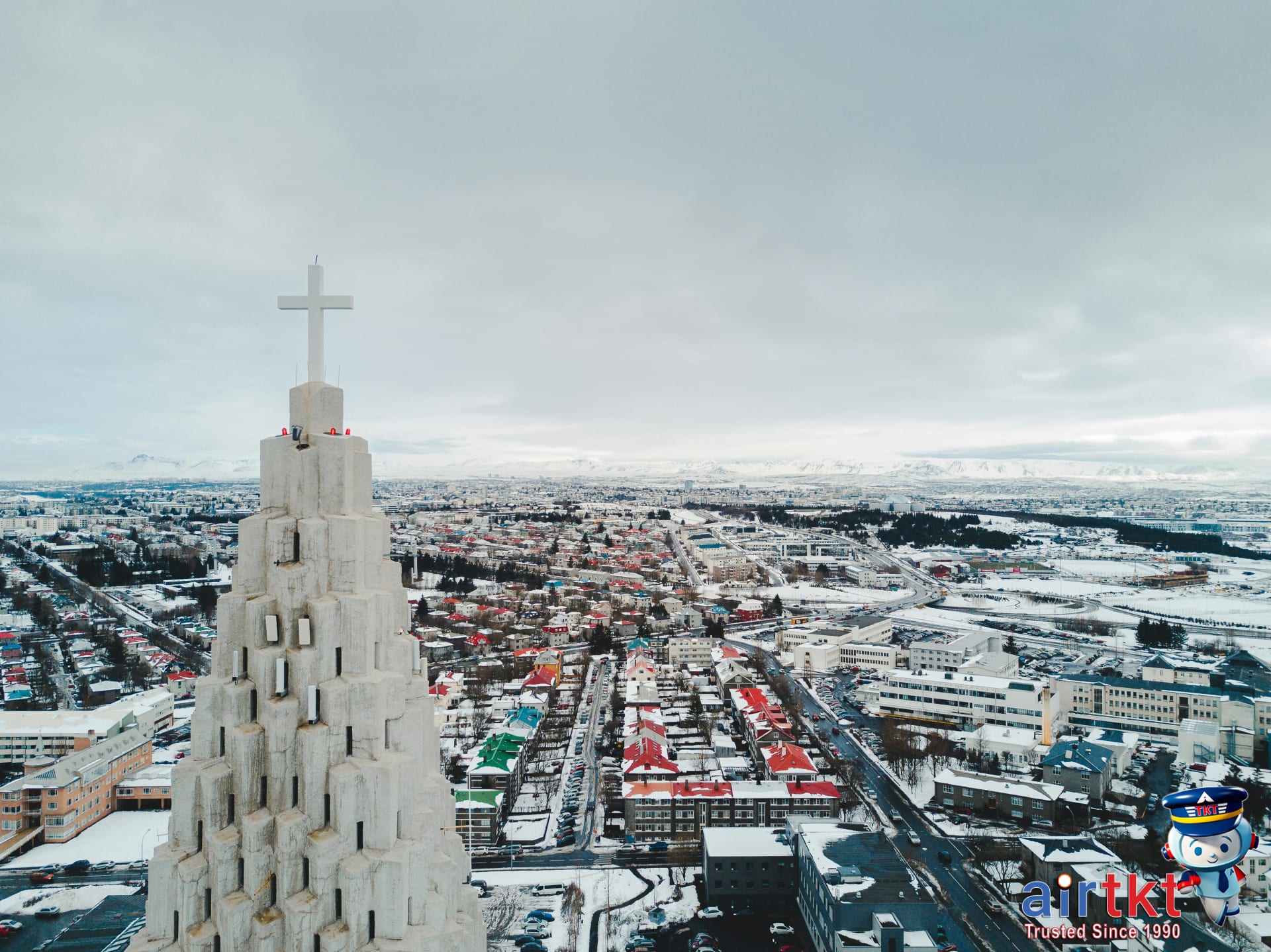 Aerial winter cityscape of Reykjavik showcasing top stopover destination