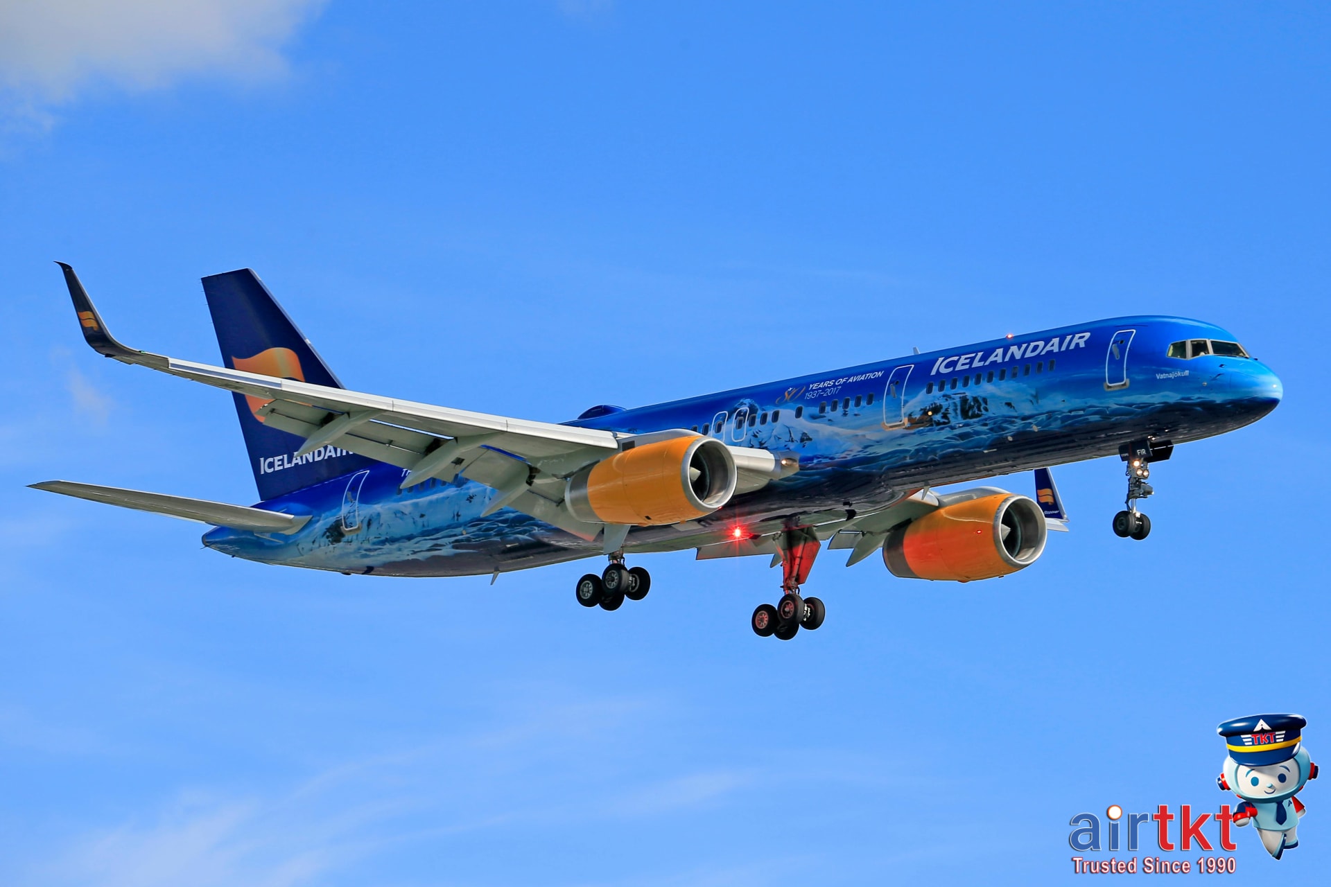 Icelandair plane flying over Reykjavik city with stopover concept