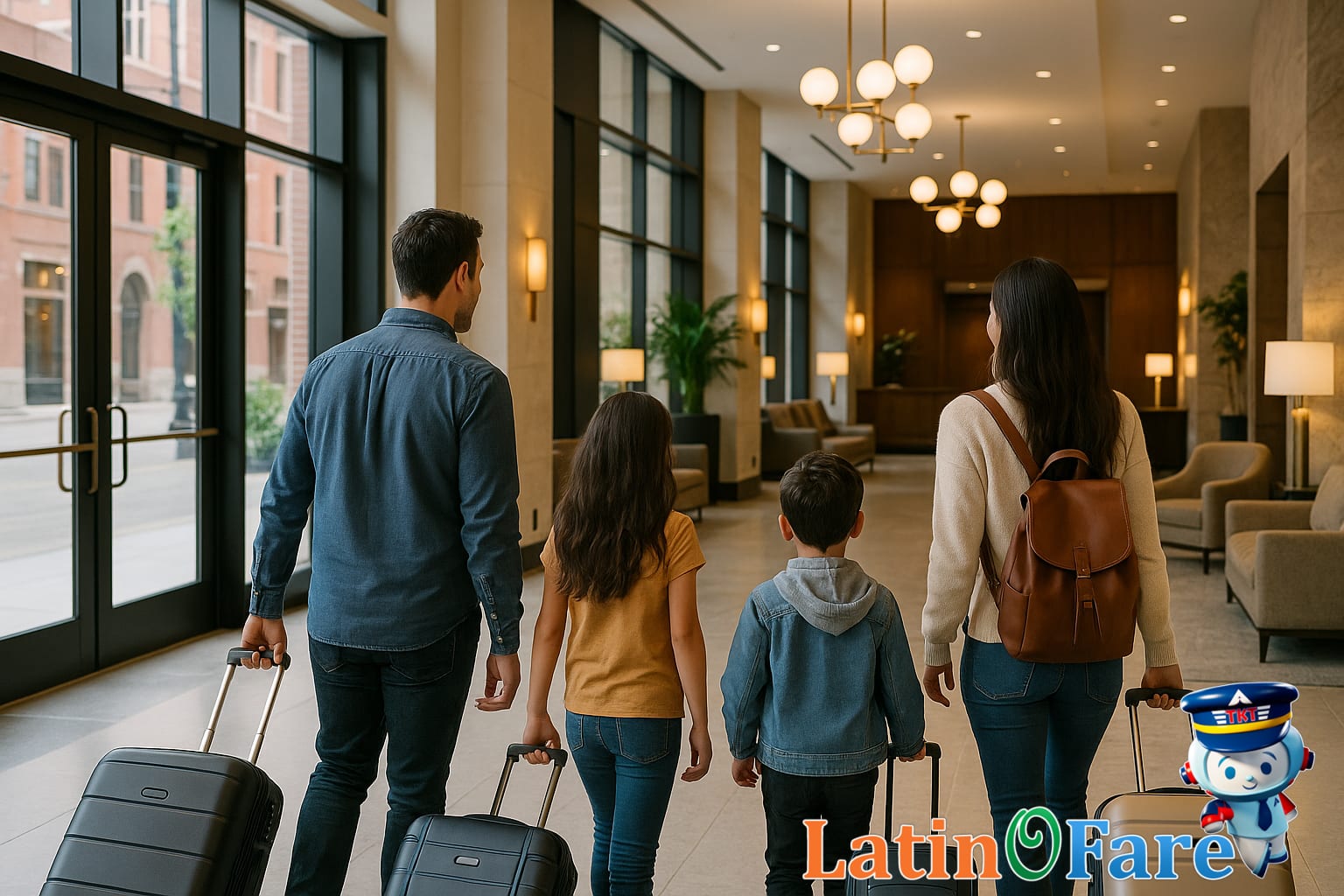 Family travelers checking into downtown hotel, carrying luggage, highlighting hotel choices for vacations