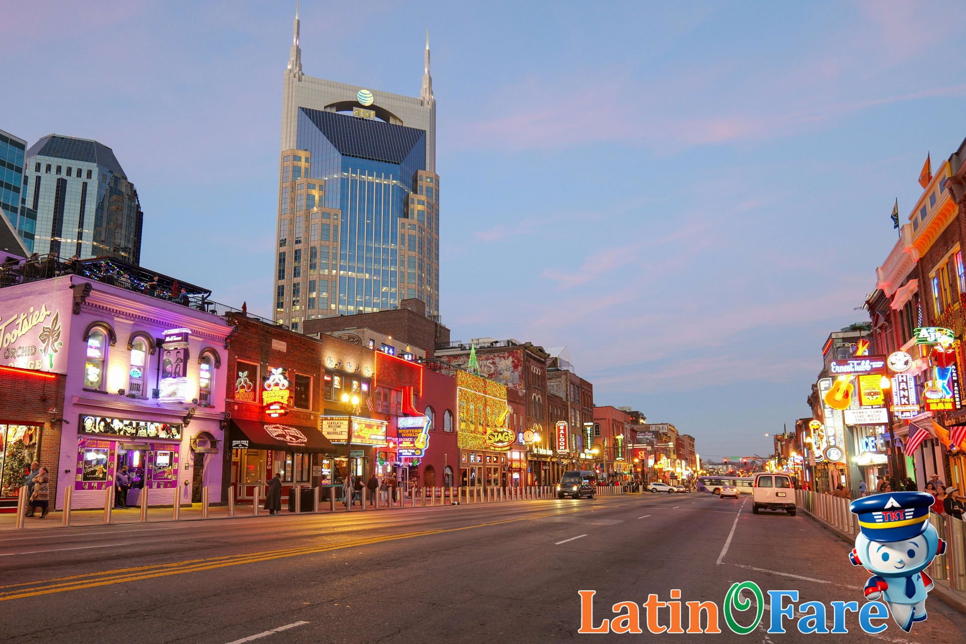 Neon-lit Broadway in Nashville, with honky-tonks and live music venues, best for budget music fans.