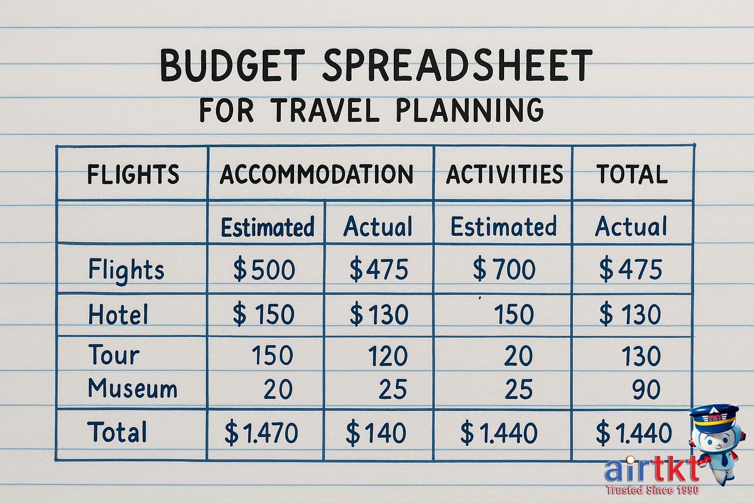 Budget spreadsheet showing fixed prices for flights, accommodation, and activities