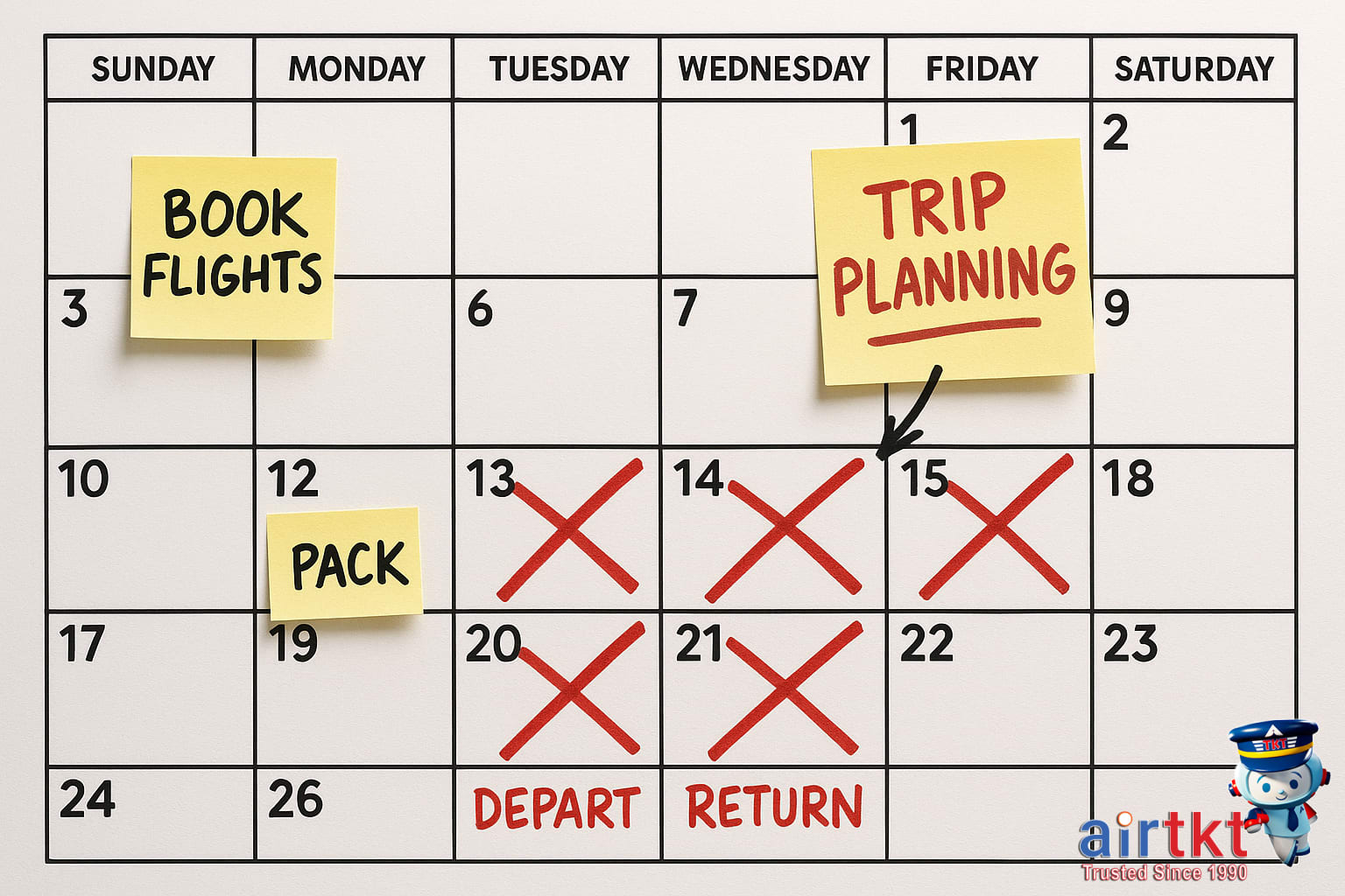 Marked calendar with handwritten travel notes showing trip date planning