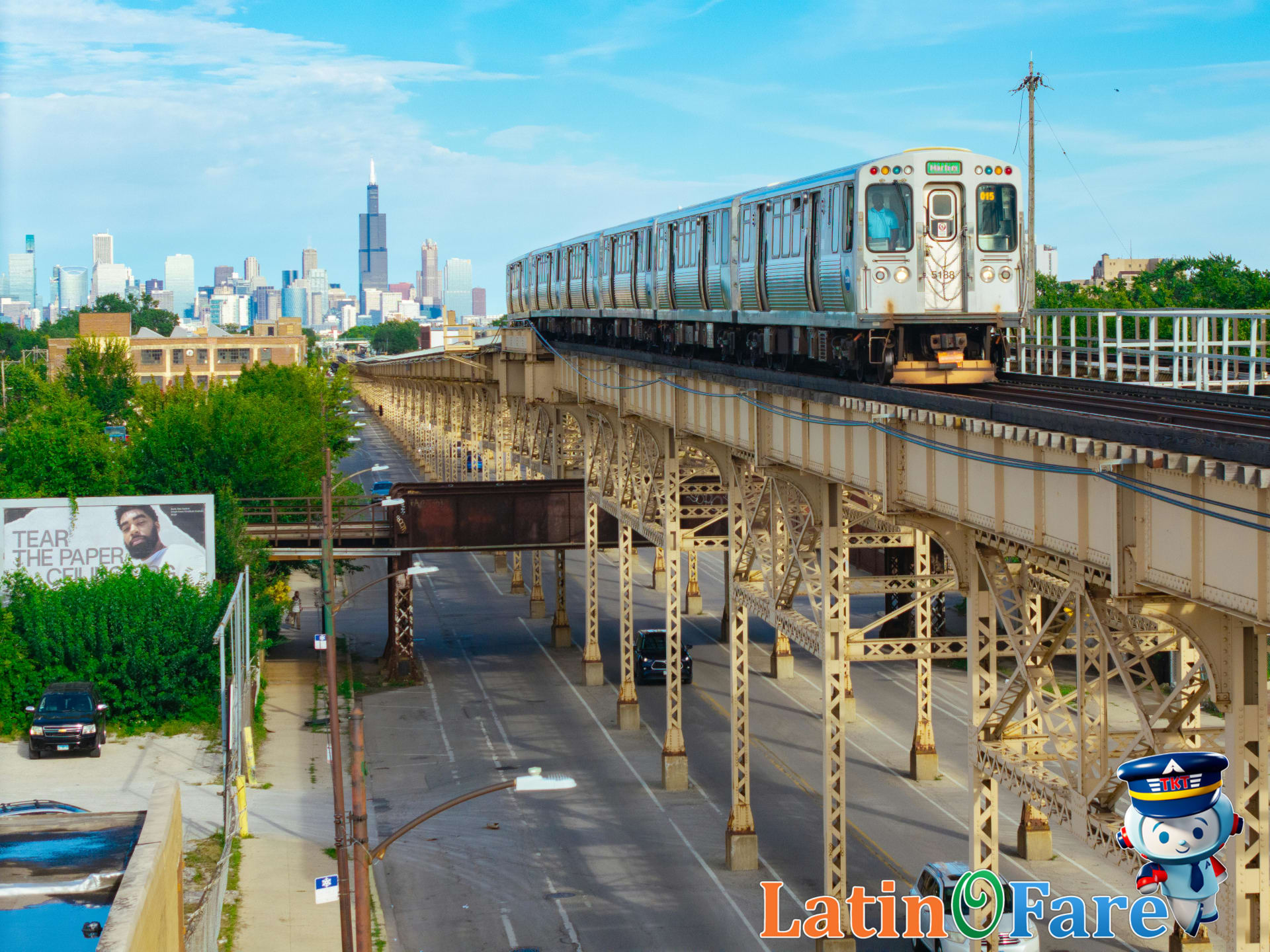 Elevated Chicago L train with city skyline near Lollapalooza Grant Park venue.