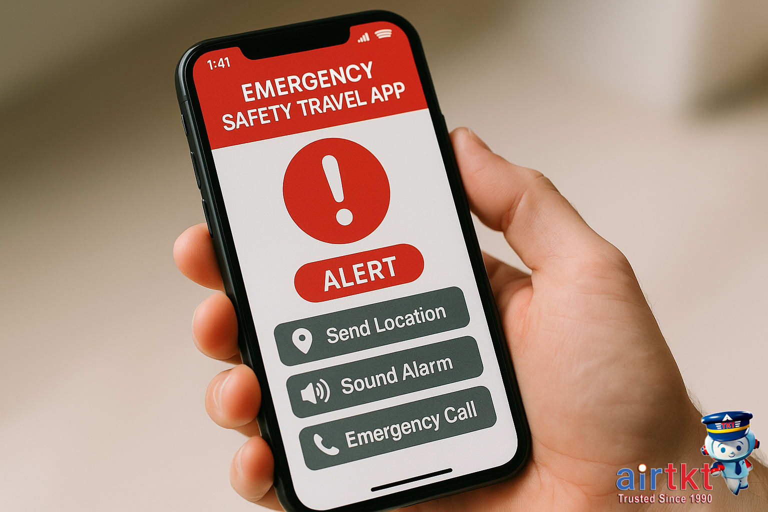 Emergency and safety travel app on smartphone screen for travelers abroad