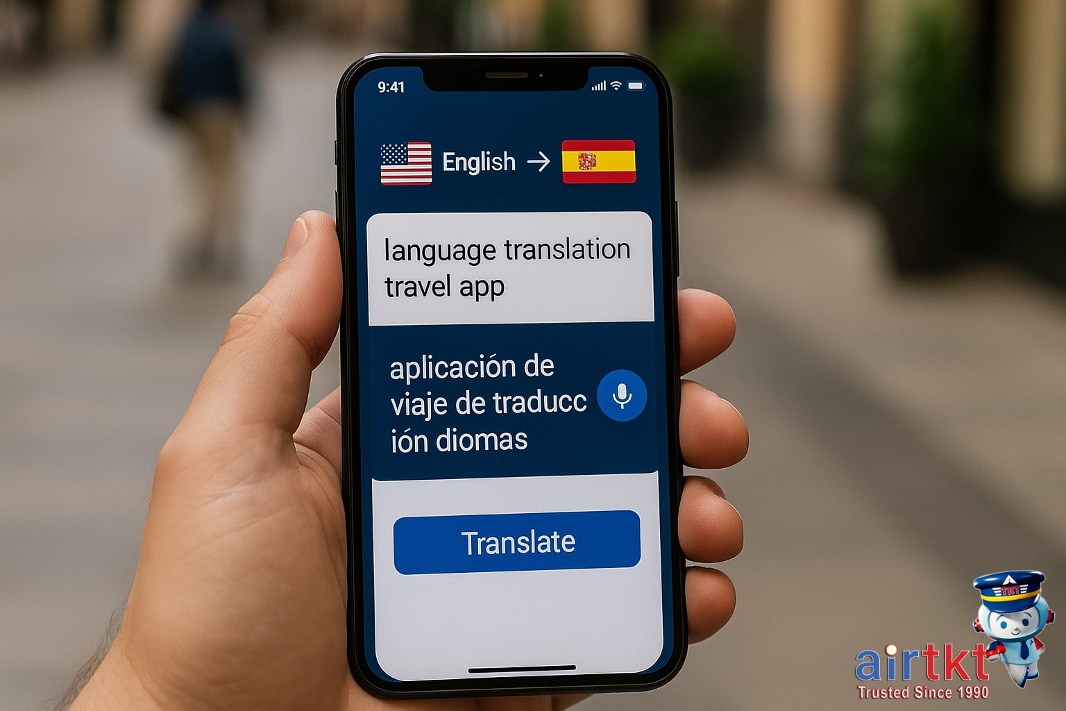 Language translation travel app in use on smartphone by a traveler abroad