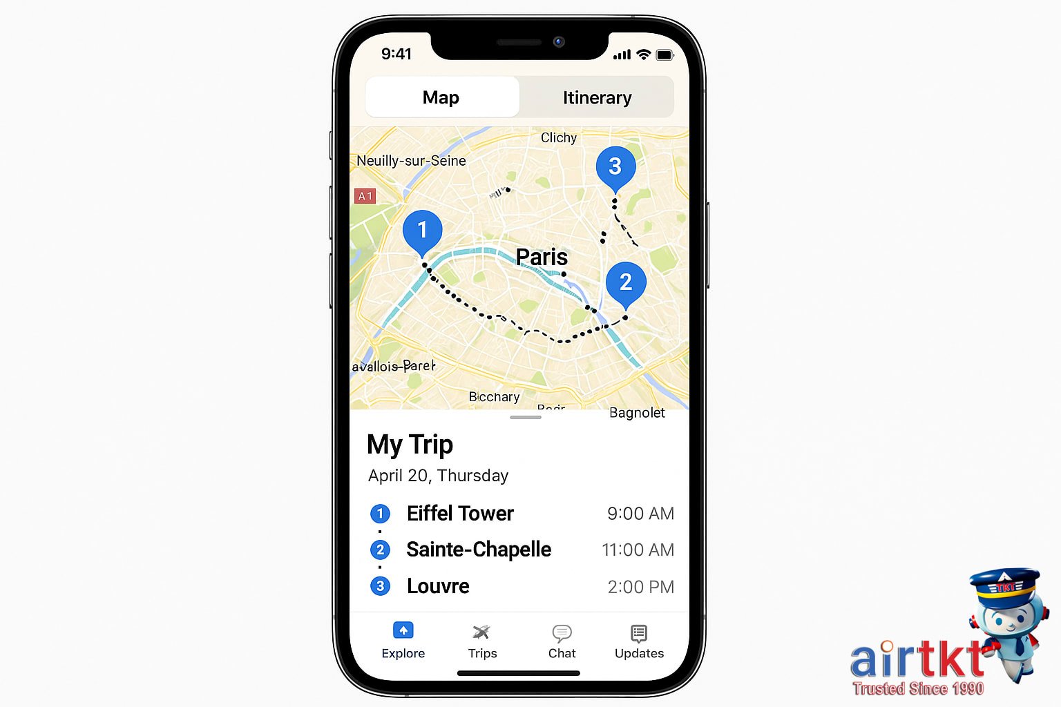 Travel planning app features on mobile device showing flight tracking and booking alerts