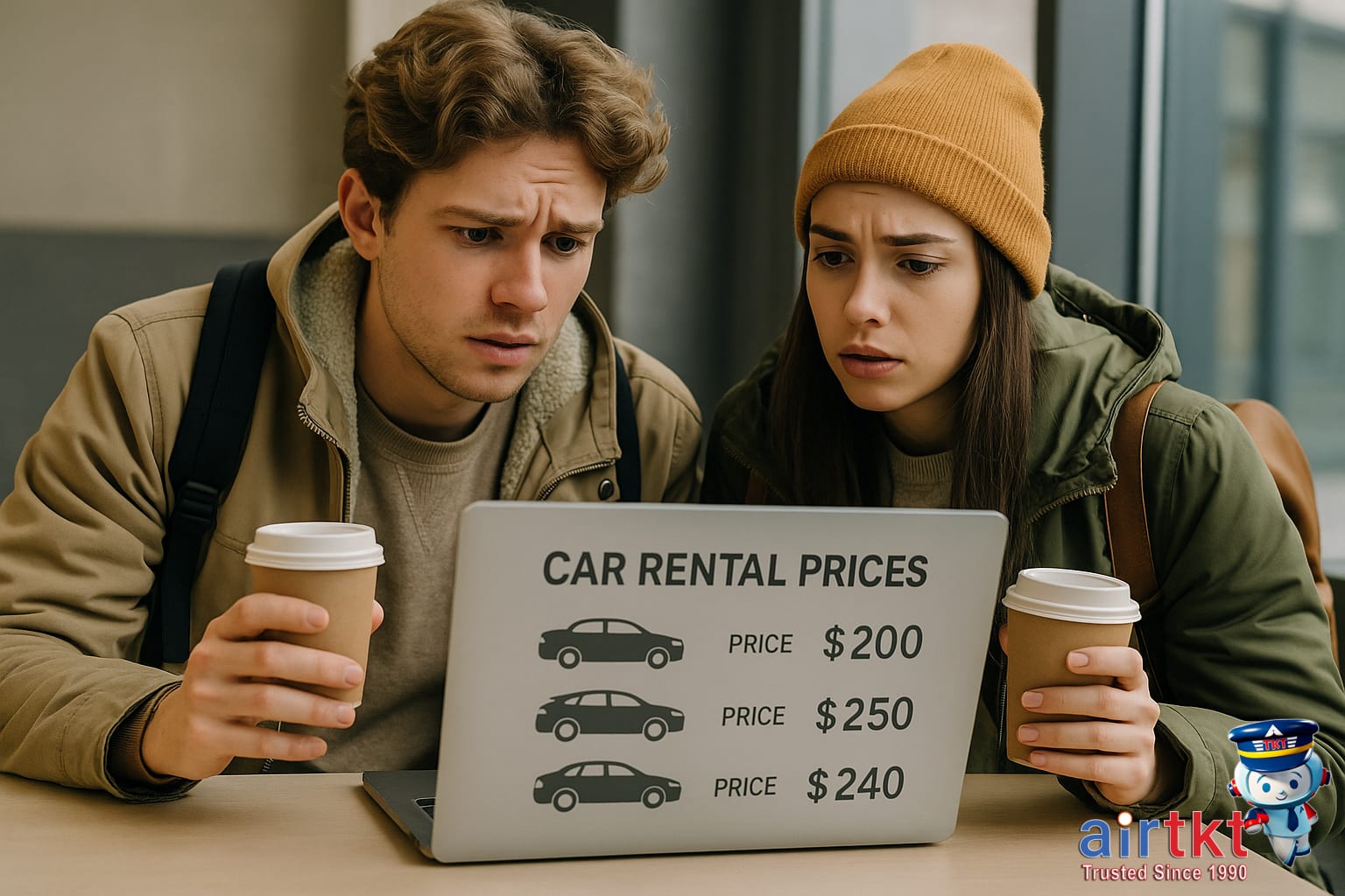 Young travelers comparing car rental prices to avoid surcharges on laptop screen