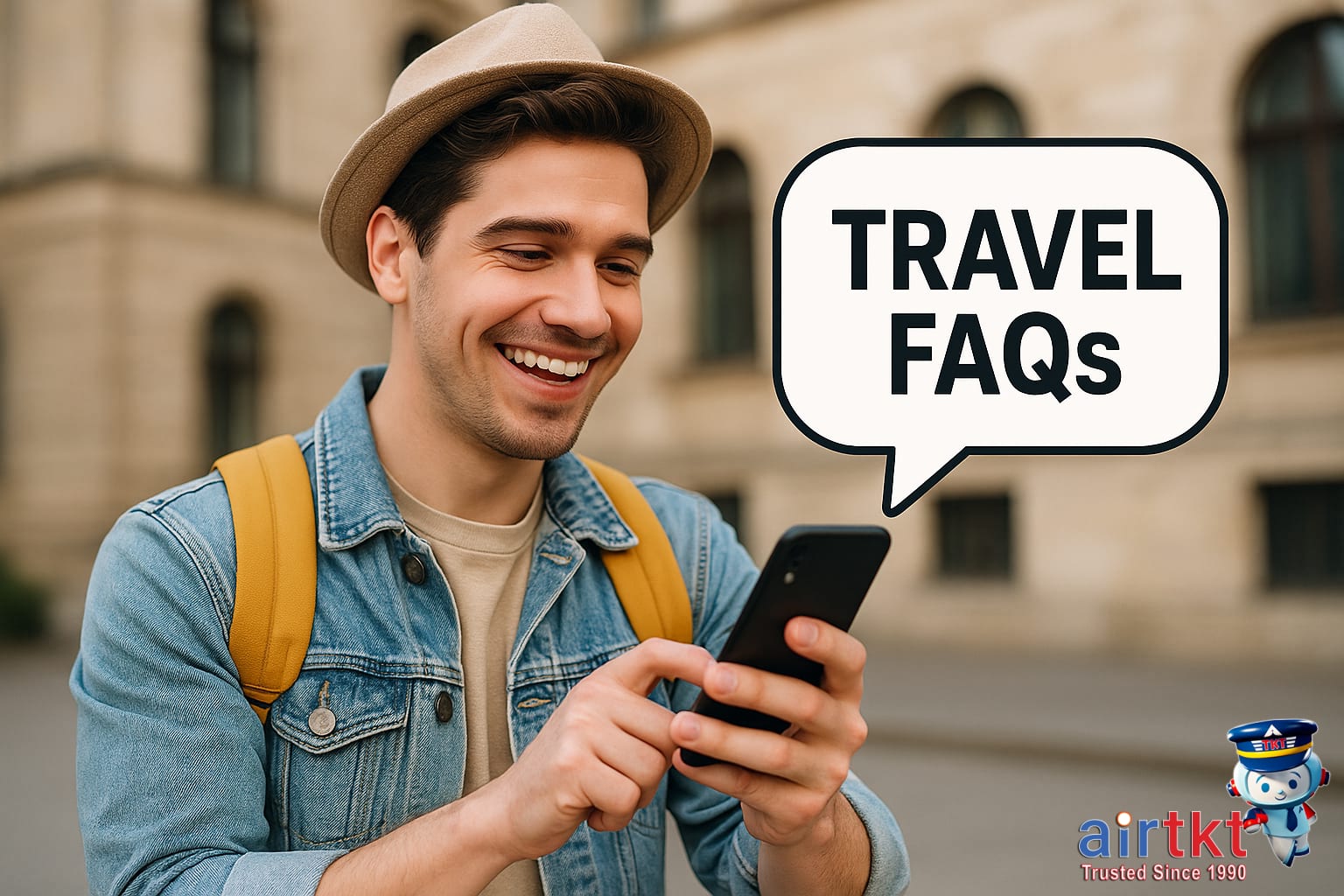 Traveler checking shoulder season travel FAQs on smartphone happily