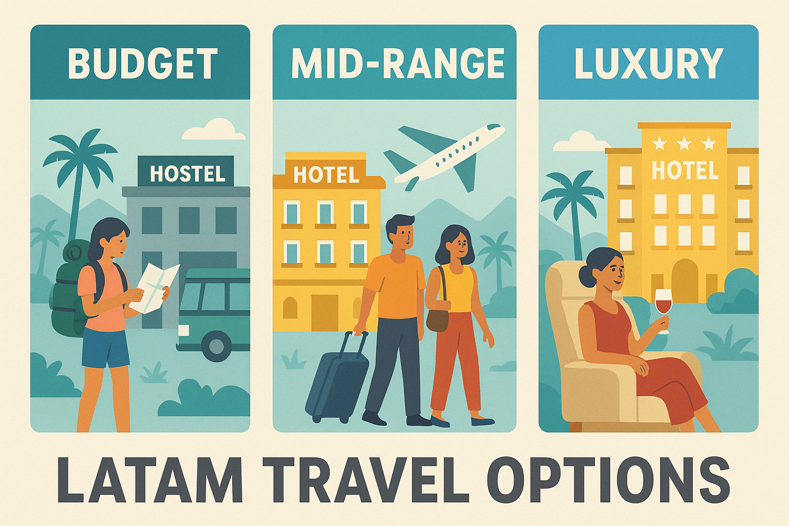 Visual budget comparison chart for different travel styles on LATAM Airlines routes in South America.