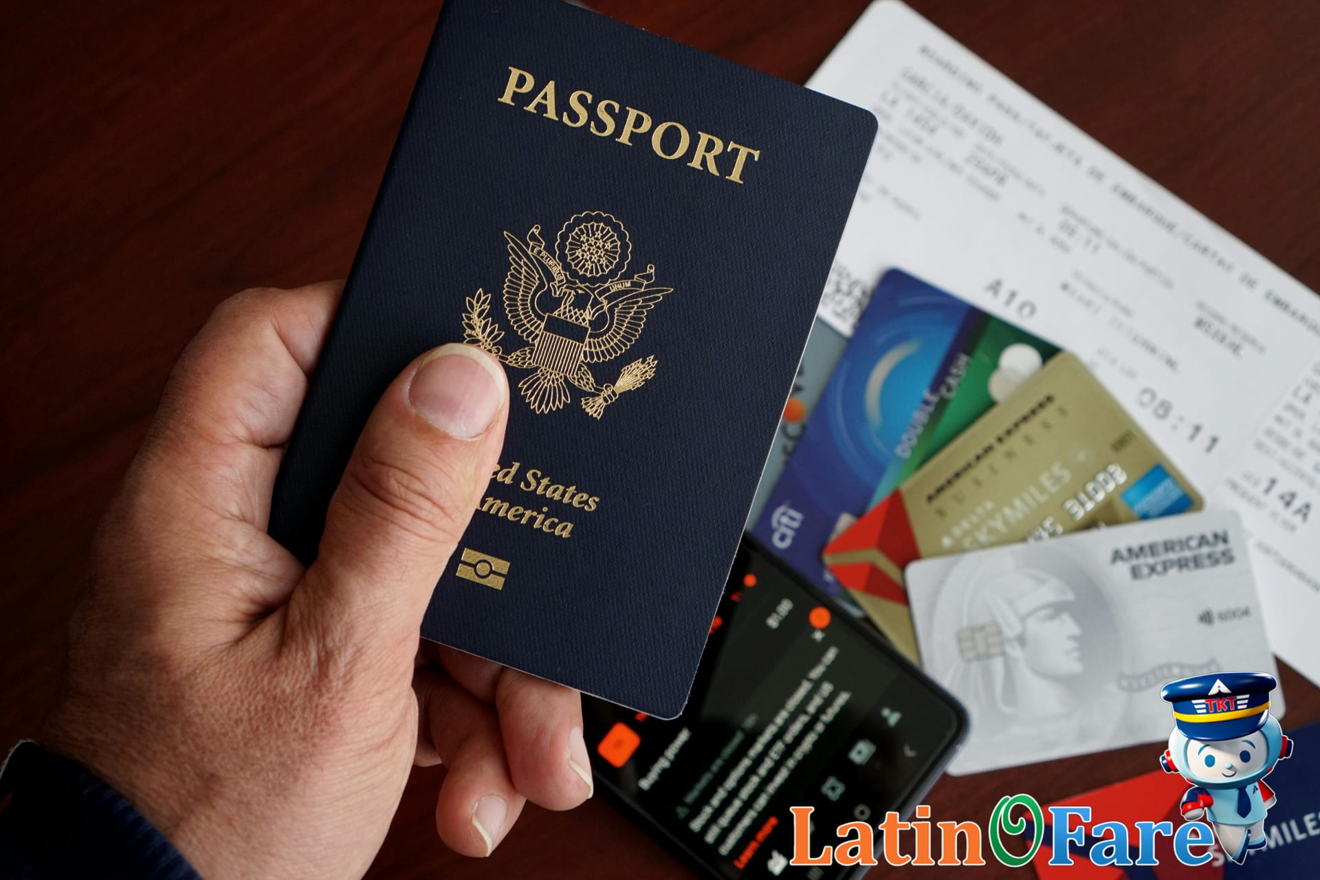 Traveler referencing a printed LATAM Airlines travel checklist while preparing at airport boarding gate.